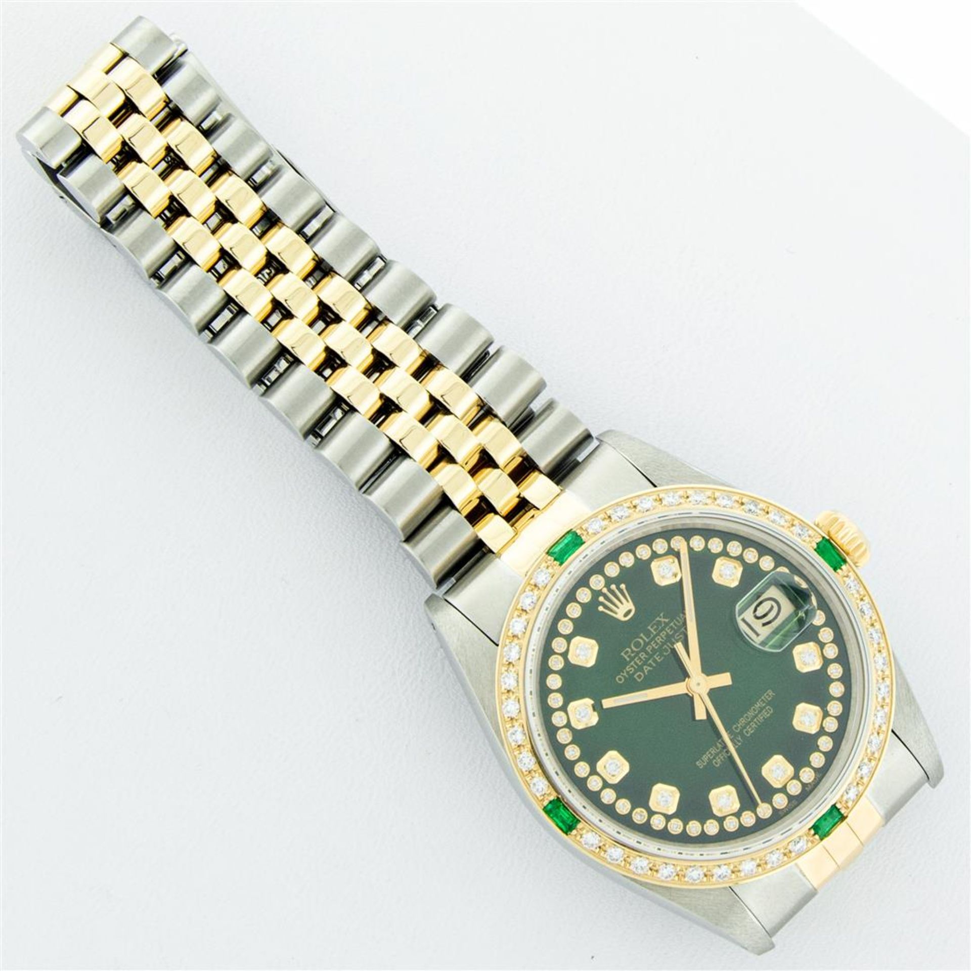 Rolex Mens 2 Tone Green String Diamond & Emerald Datejust Wristwatch - Image 7 of 9
