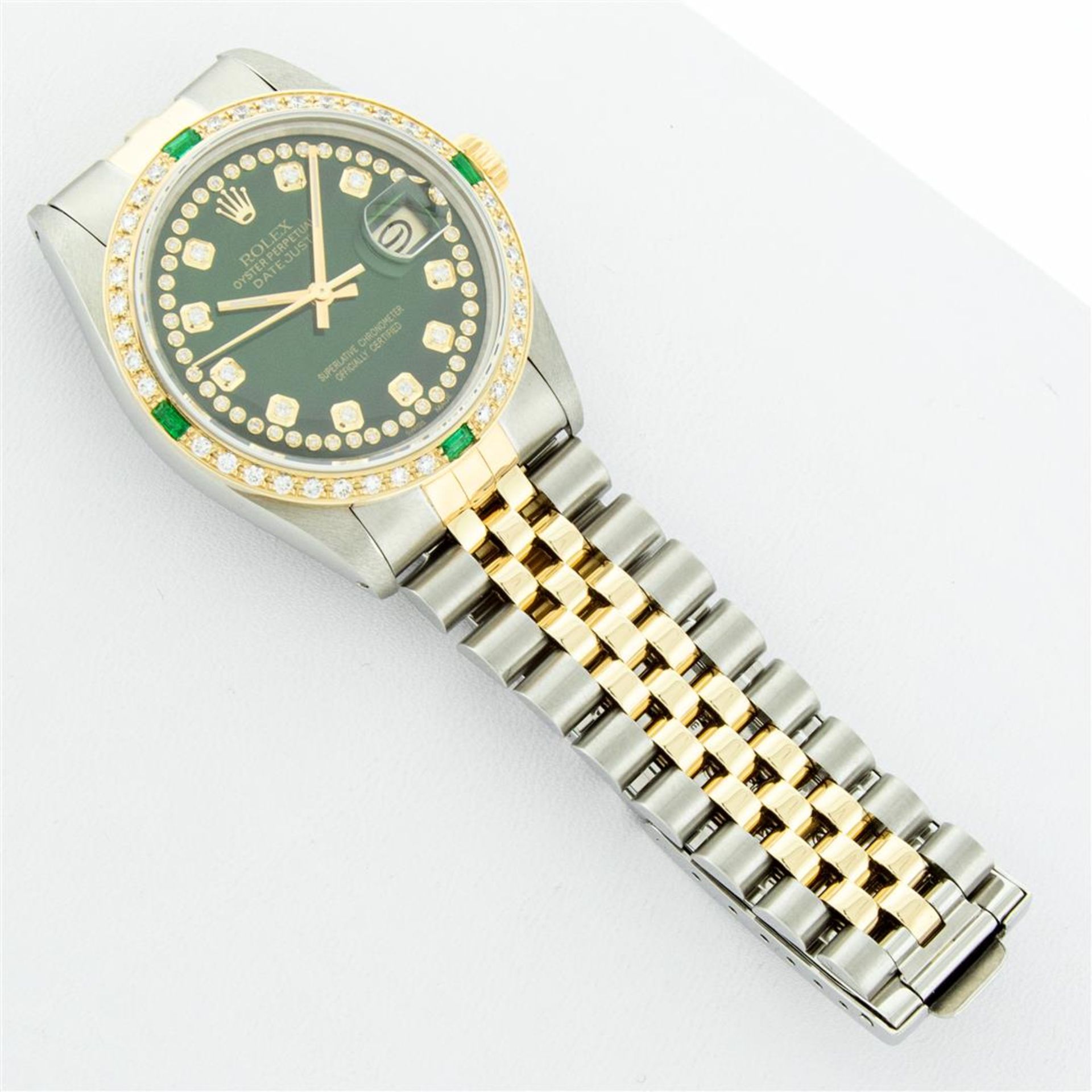 Rolex Mens 2 Tone Green String Diamond & Emerald Datejust Wristwatch - Image 6 of 9