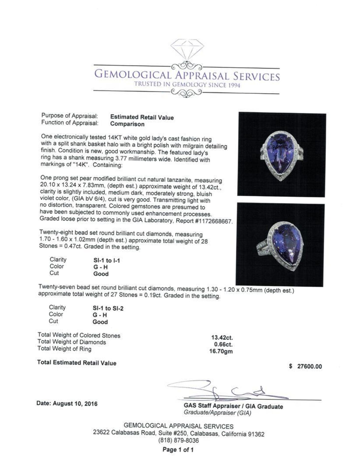 GIA Cert 13.42 ctw Tanzanite and Diamond Ring - 14KT White Gold - Image 5 of 6