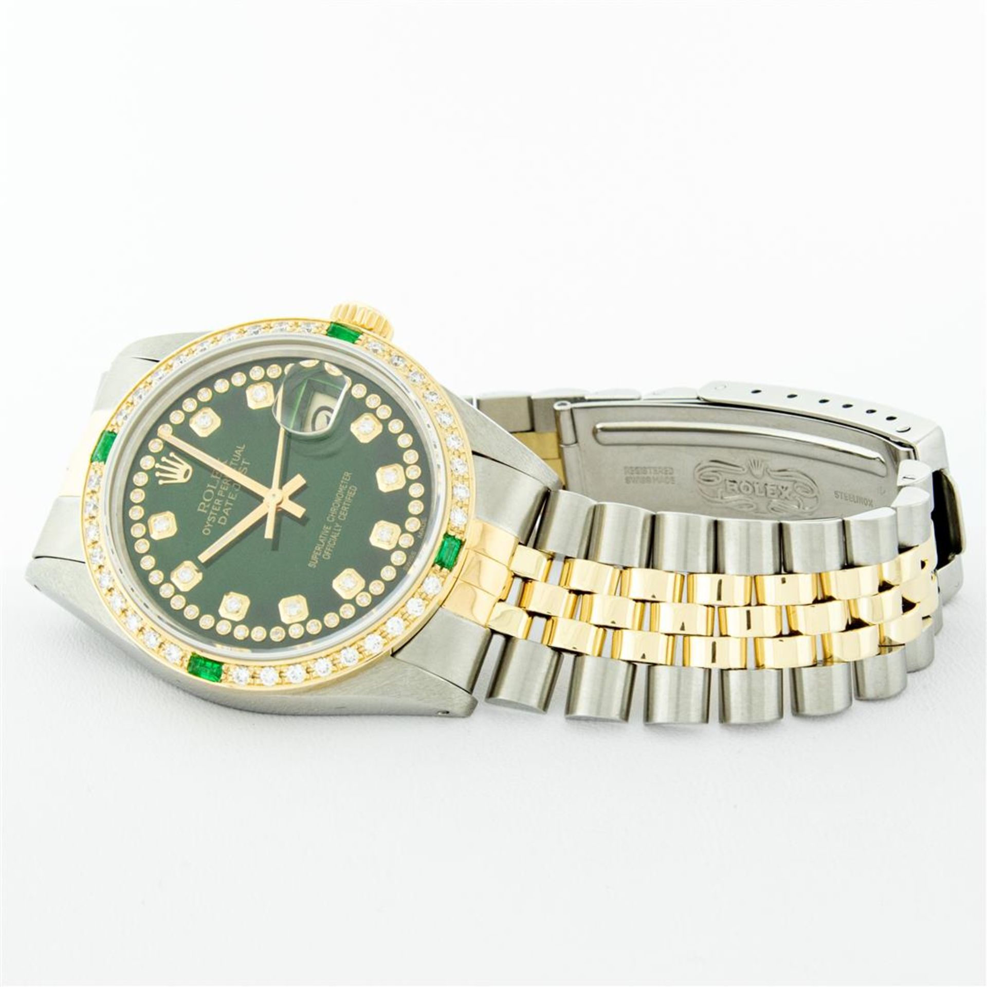 Rolex Mens 2 Tone Green String Diamond & Emerald Datejust Wristwatch - Image 5 of 9