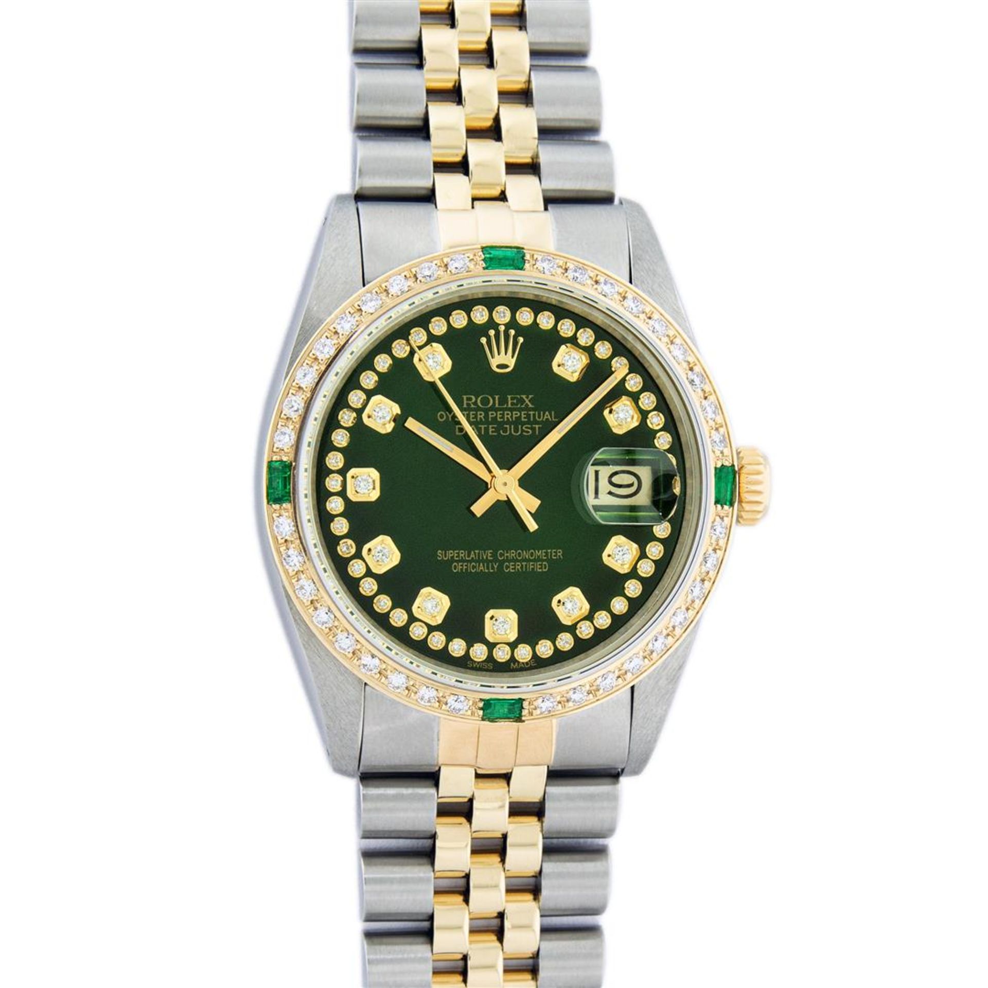 Rolex Mens 2 Tone Green String Diamond & Emerald Datejust Wristwatch - Image 2 of 9