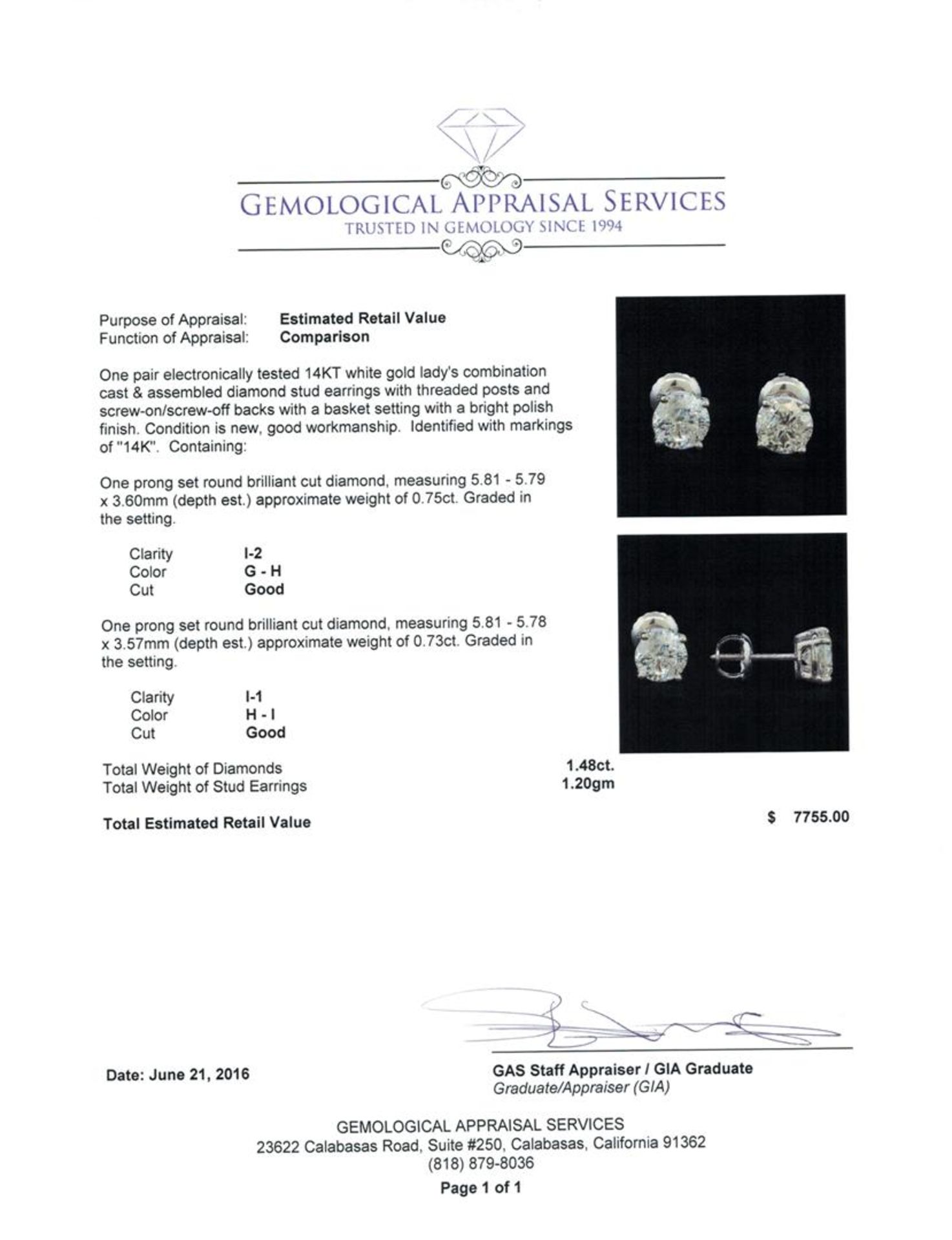 1.48 ctw Diamond Stud Earrings - 14KT White Gold - Image 3 of 3