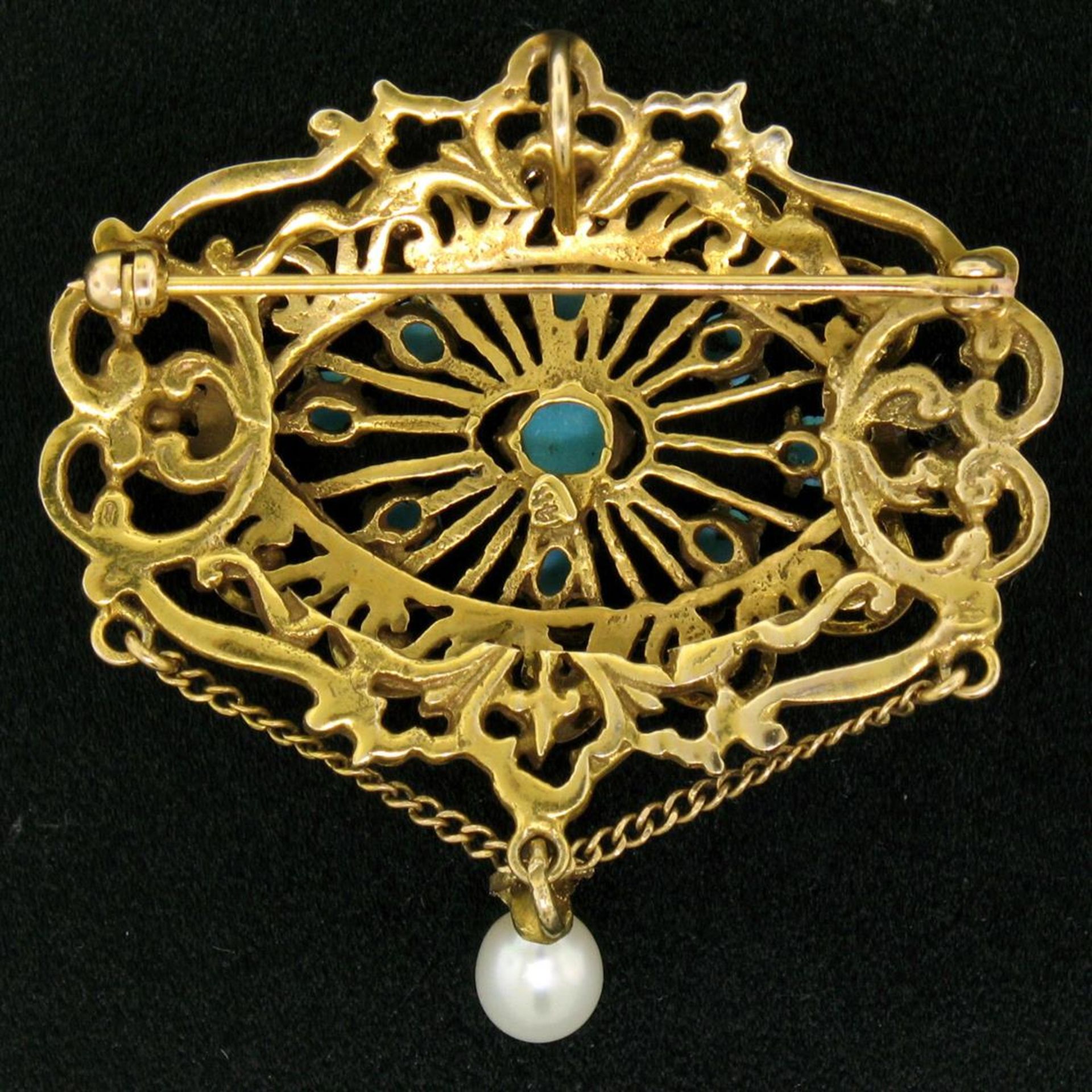 Vintage 14k Yellow Gold Round Turquoise & Pearl Open Work Brooch Pin Pendant - Image 3 of 6