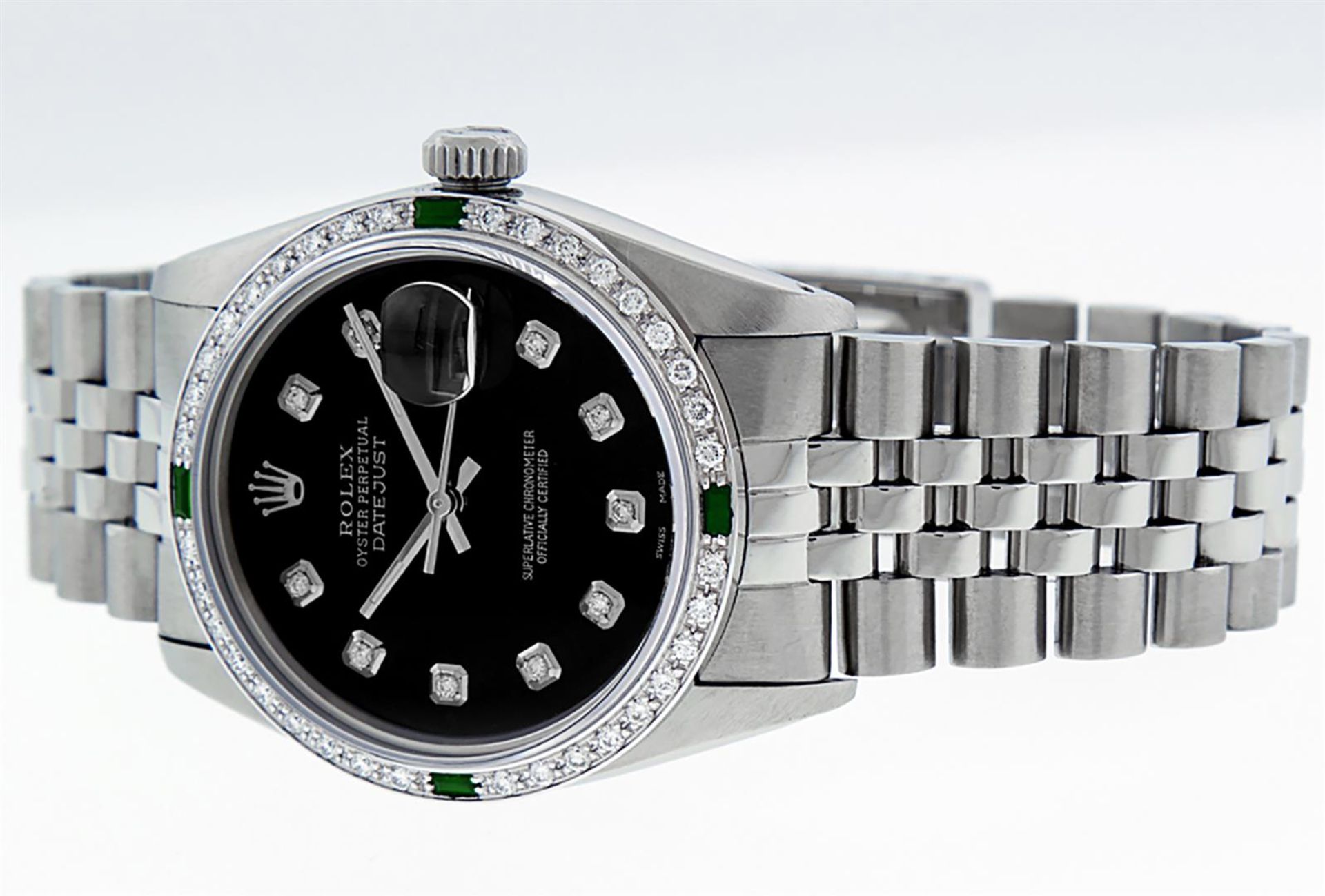 Rolex Mens Stainless Steel Black Diamond & Emerald Oyster Perpetual Datejust Wri - Image 8 of 9