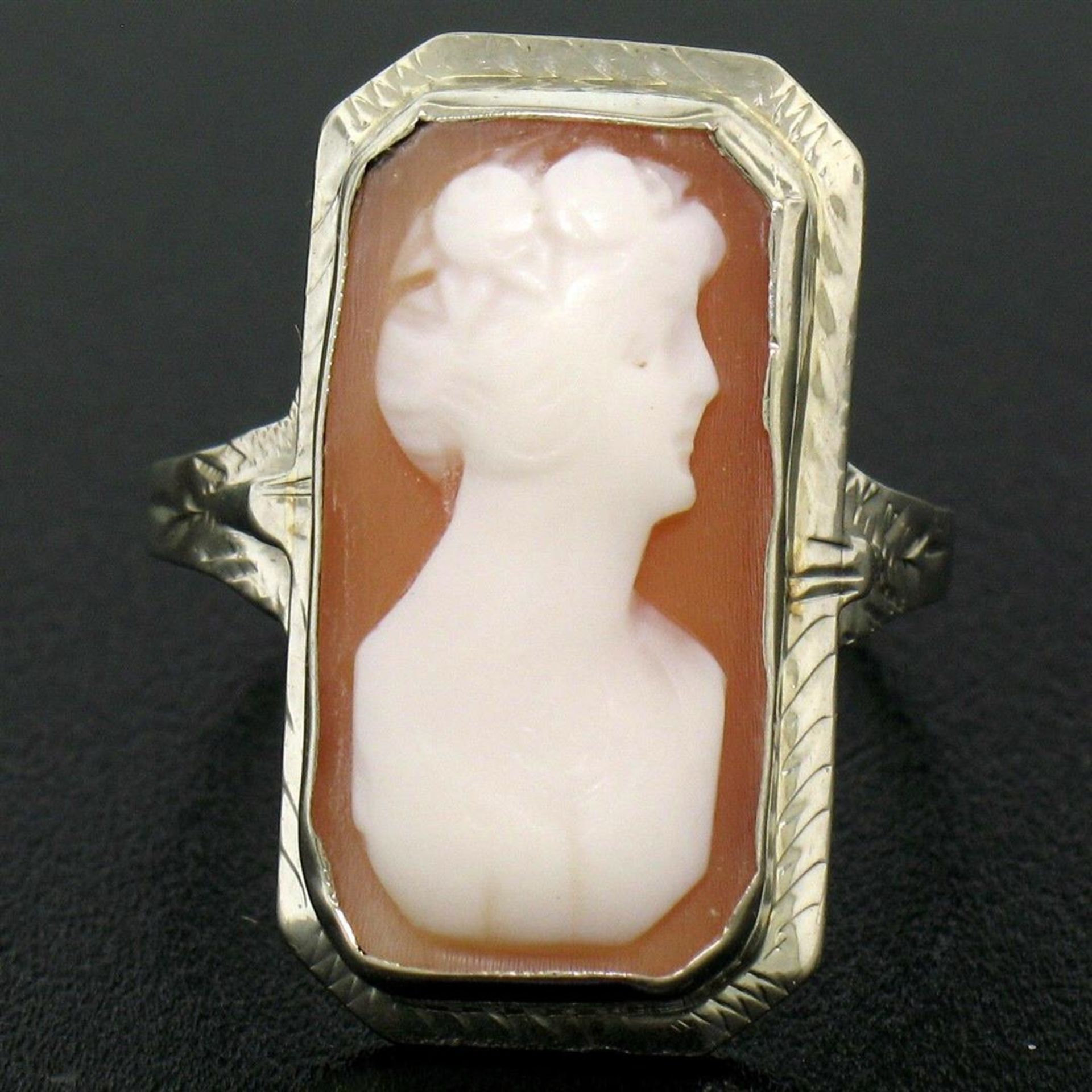 Antique 14kt White Gold Bezel Set Rectangular Carved Shell Cameo Ring - Image 2 of 8