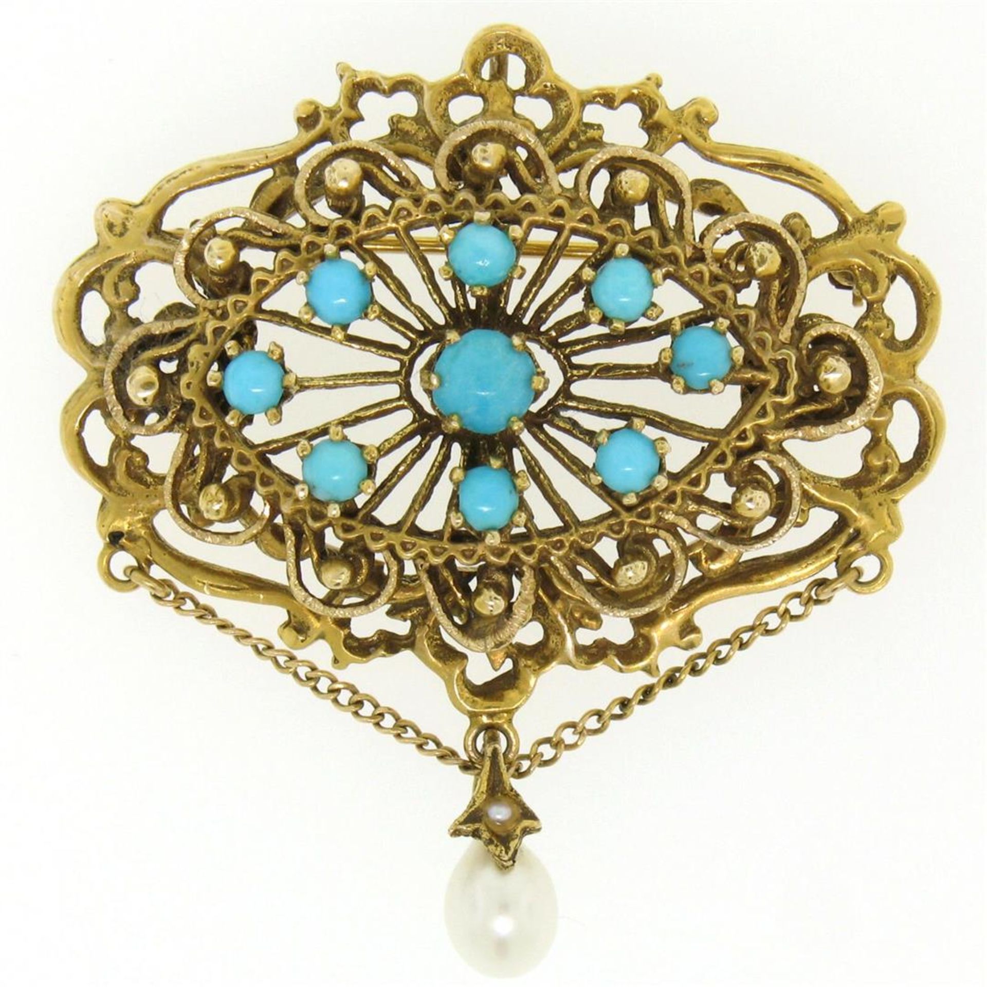Vintage 14k Yellow Gold Round Turquoise & Pearl Open Work Brooch Pin Pendant - Image 2 of 6