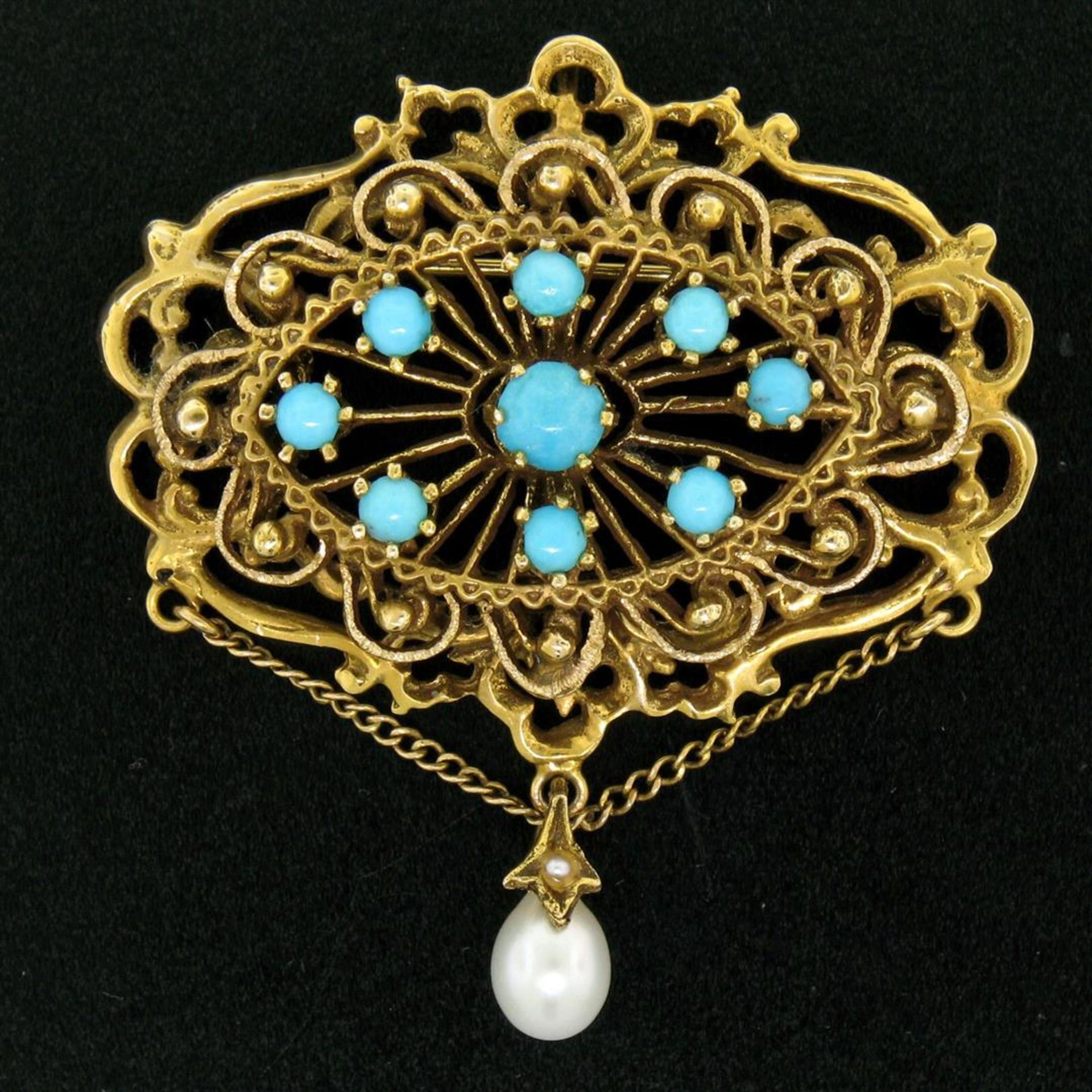 Vintage 14k Yellow Gold Round Turquoise & Pearl Open Work Brooch Pin Pendant