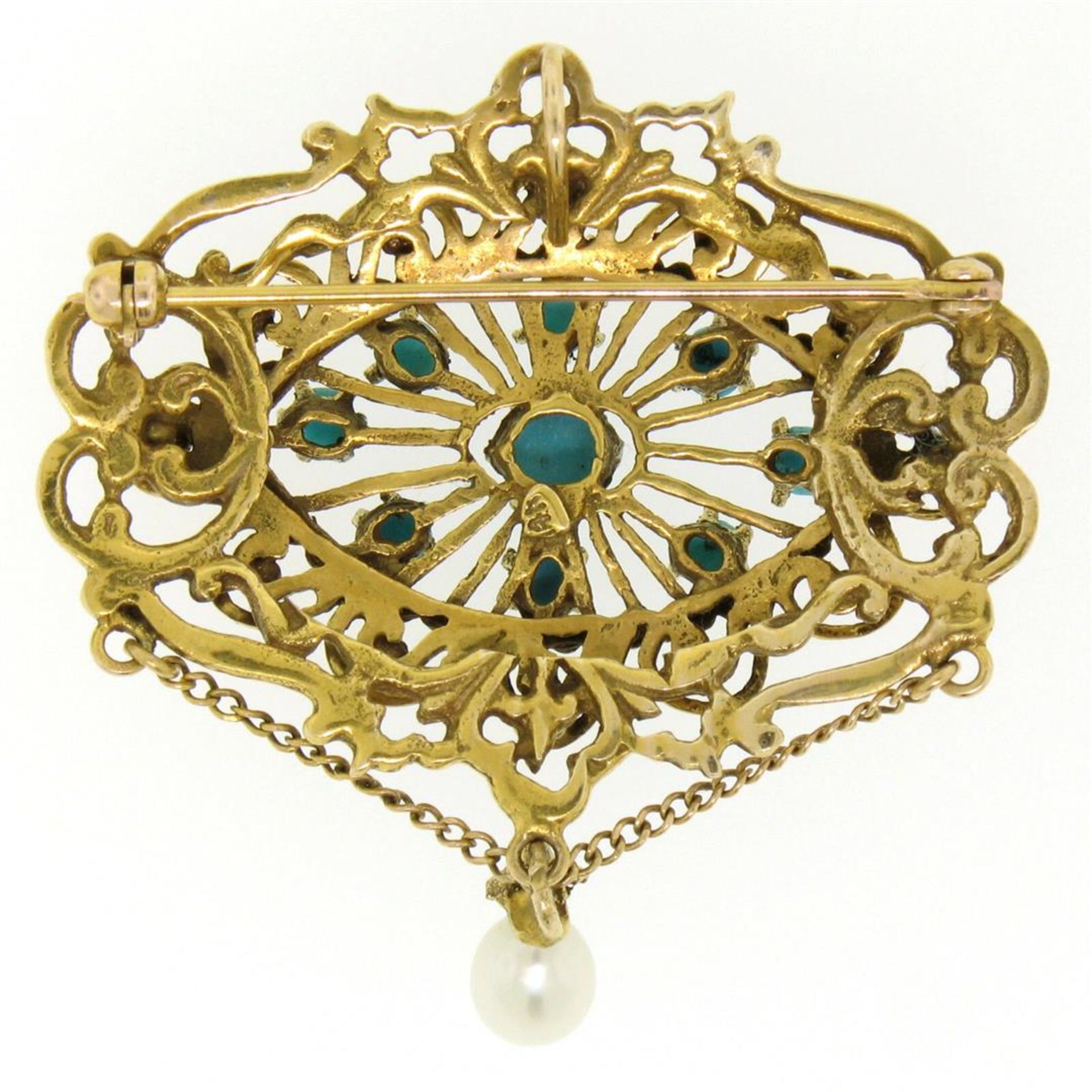 Vintage 14k Yellow Gold Round Turquoise & Pearl Open Work Brooch Pin Pendant - Image 4 of 6