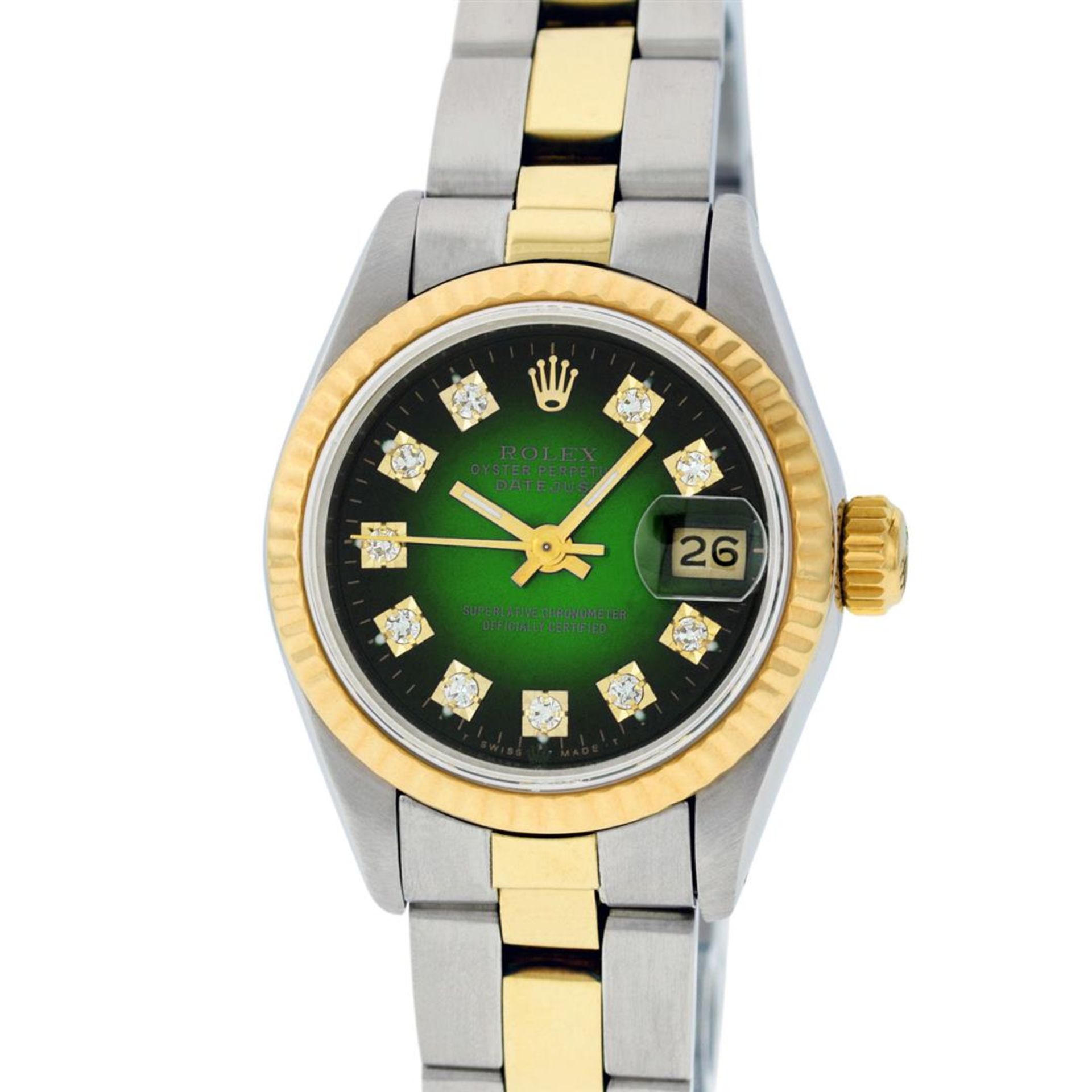 Rolex Ladies 2 Tone Green Vignette Diamond 26MM Datejust Wristwatch - Image 2 of 9