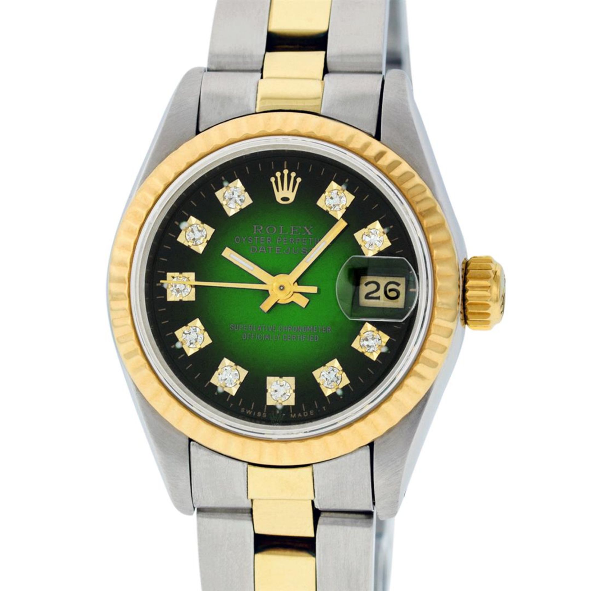 Rolex Ladies 2 Tone Green Vignette Diamond 26MM Datejust Wristwatch