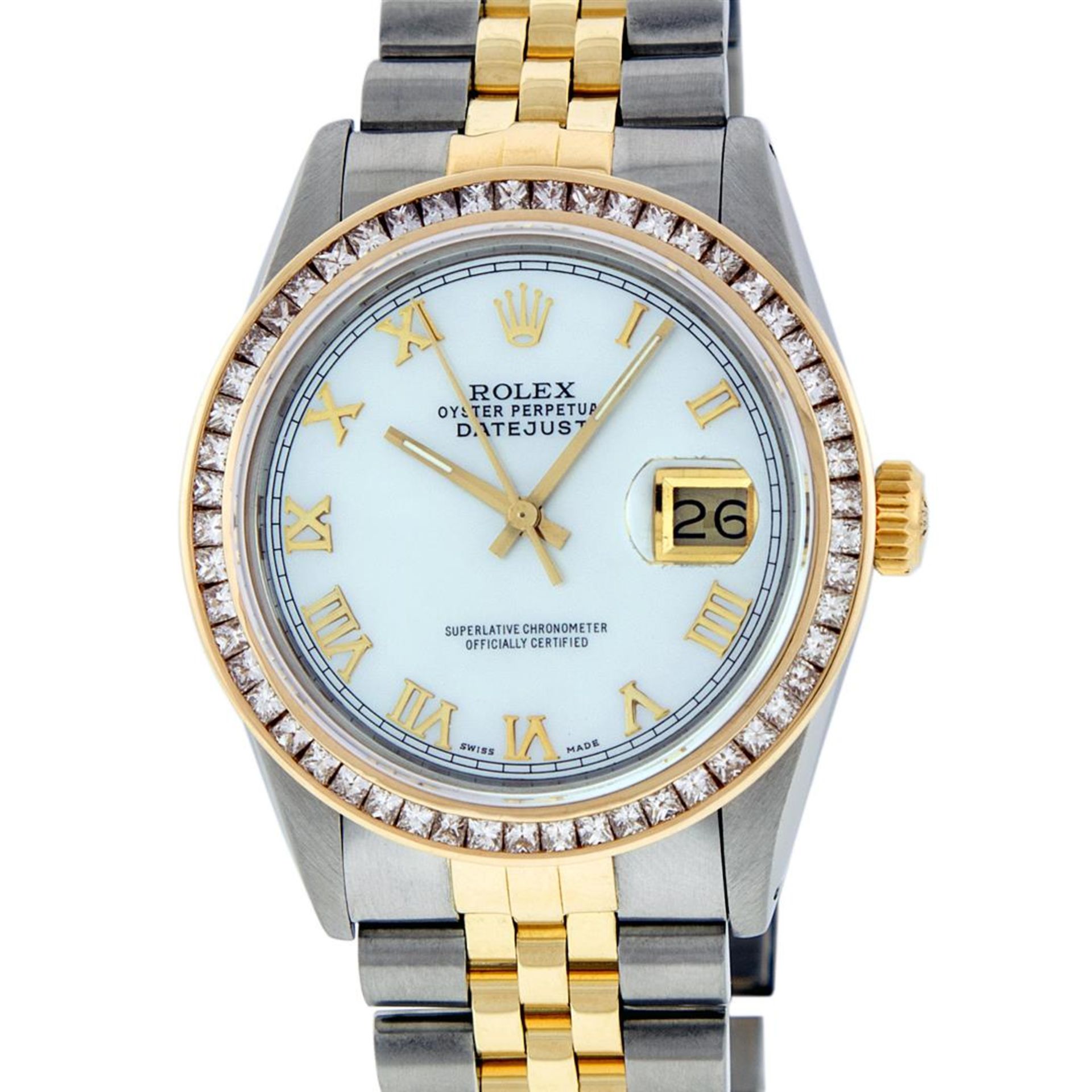 Rolex Mens 2 Tone MOP Princess Cut Datejust Wristwatch With Rolex Box Oyster Per