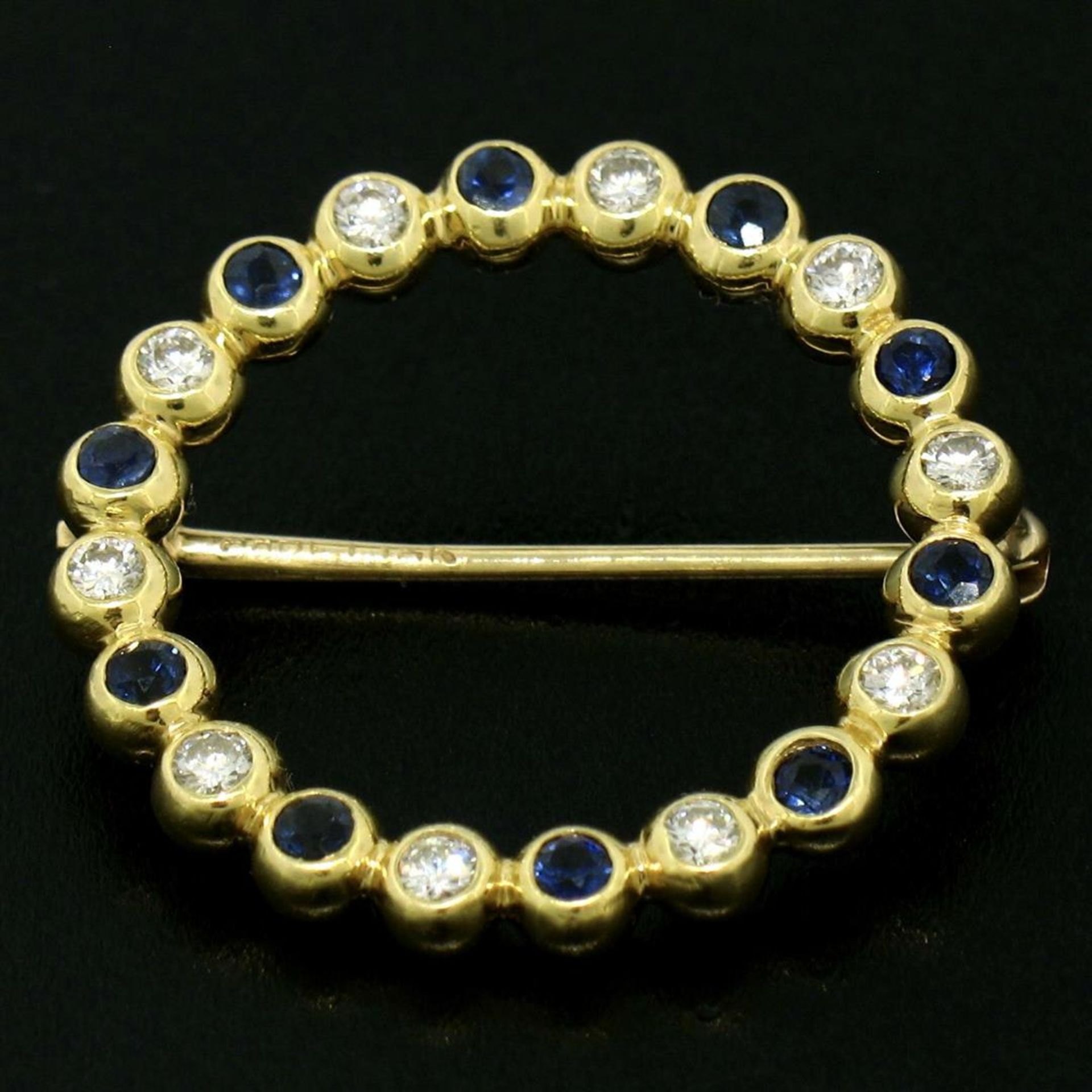 18k Yellow Gold .70ctw Bezel Round Sapphire & Diamond Circle of Life Pin Brooch - Image 6 of 9