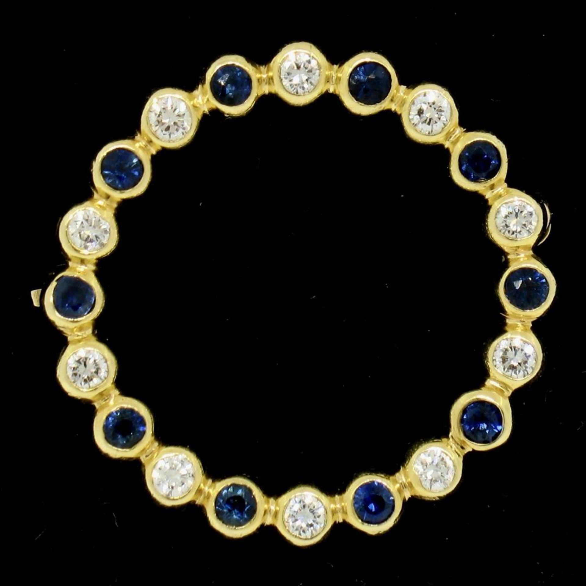 18k Yellow Gold .70ctw Bezel Round Sapphire & Diamond Circle of Life Pin Brooch - Image 8 of 9