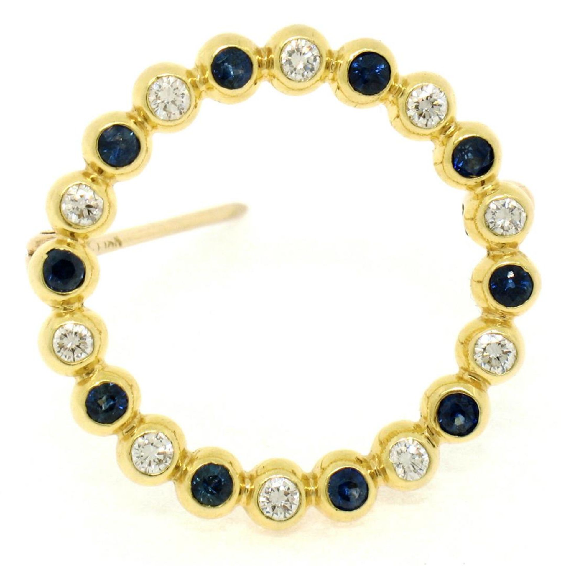 18k Yellow Gold .70ctw Bezel Round Sapphire & Diamond Circle of Life Pin Brooch