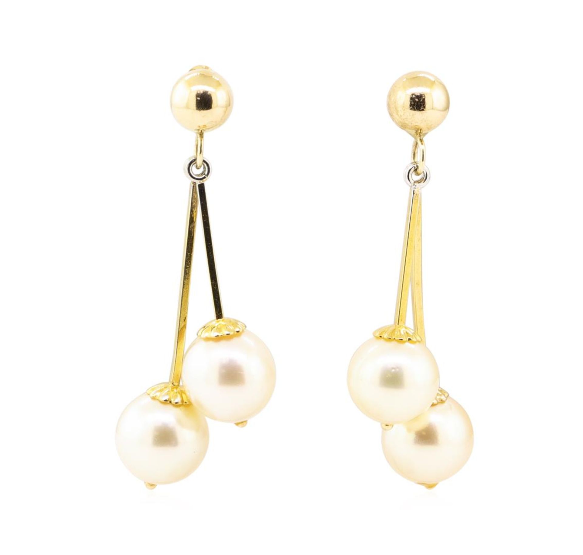 Pearl Double Dangle Earrings - 14KT Yellow Gold