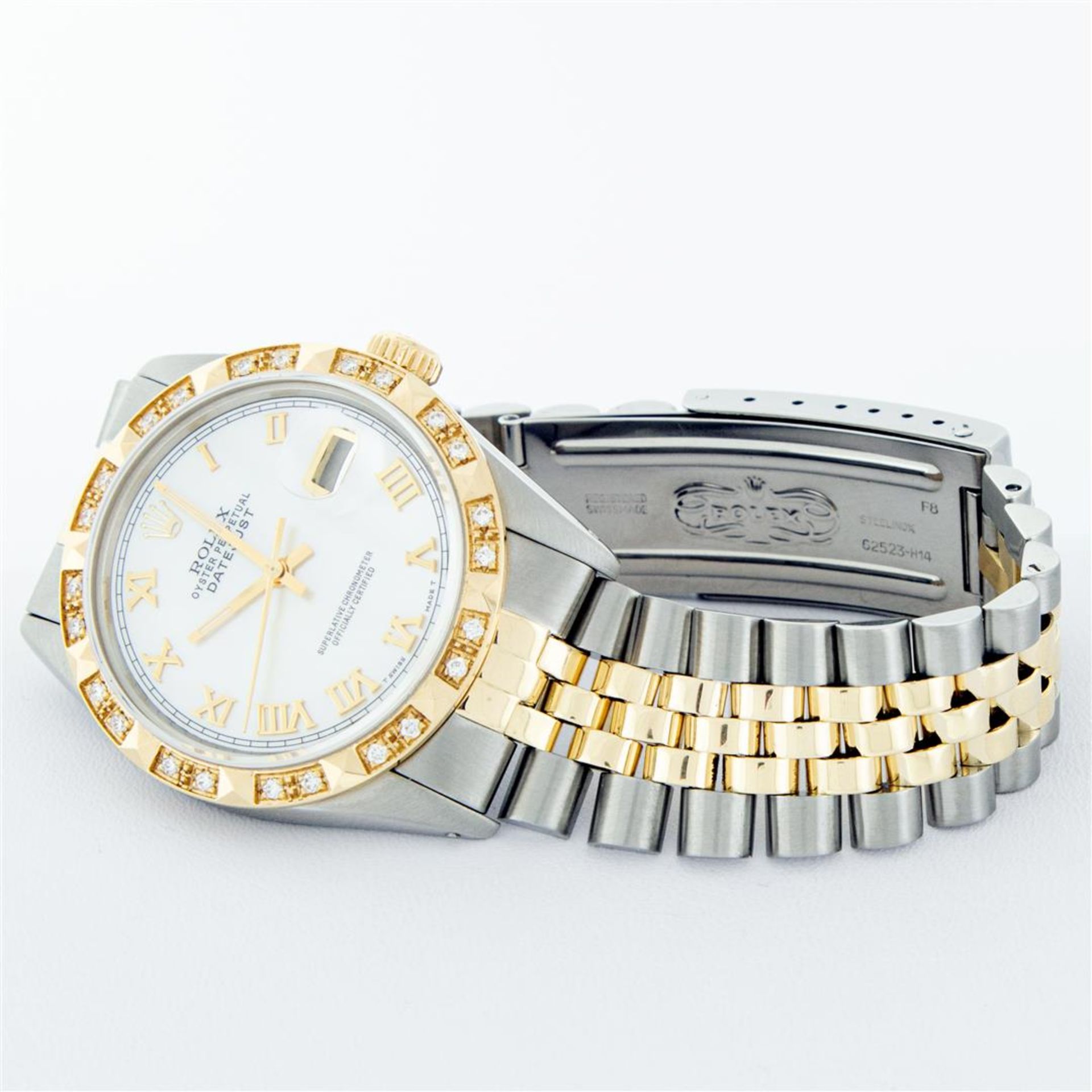 Rolex Mens 2 Tone MOP Roman Pyramid Diamond Bezel Datejust Wristwatch - Image 5 of 9