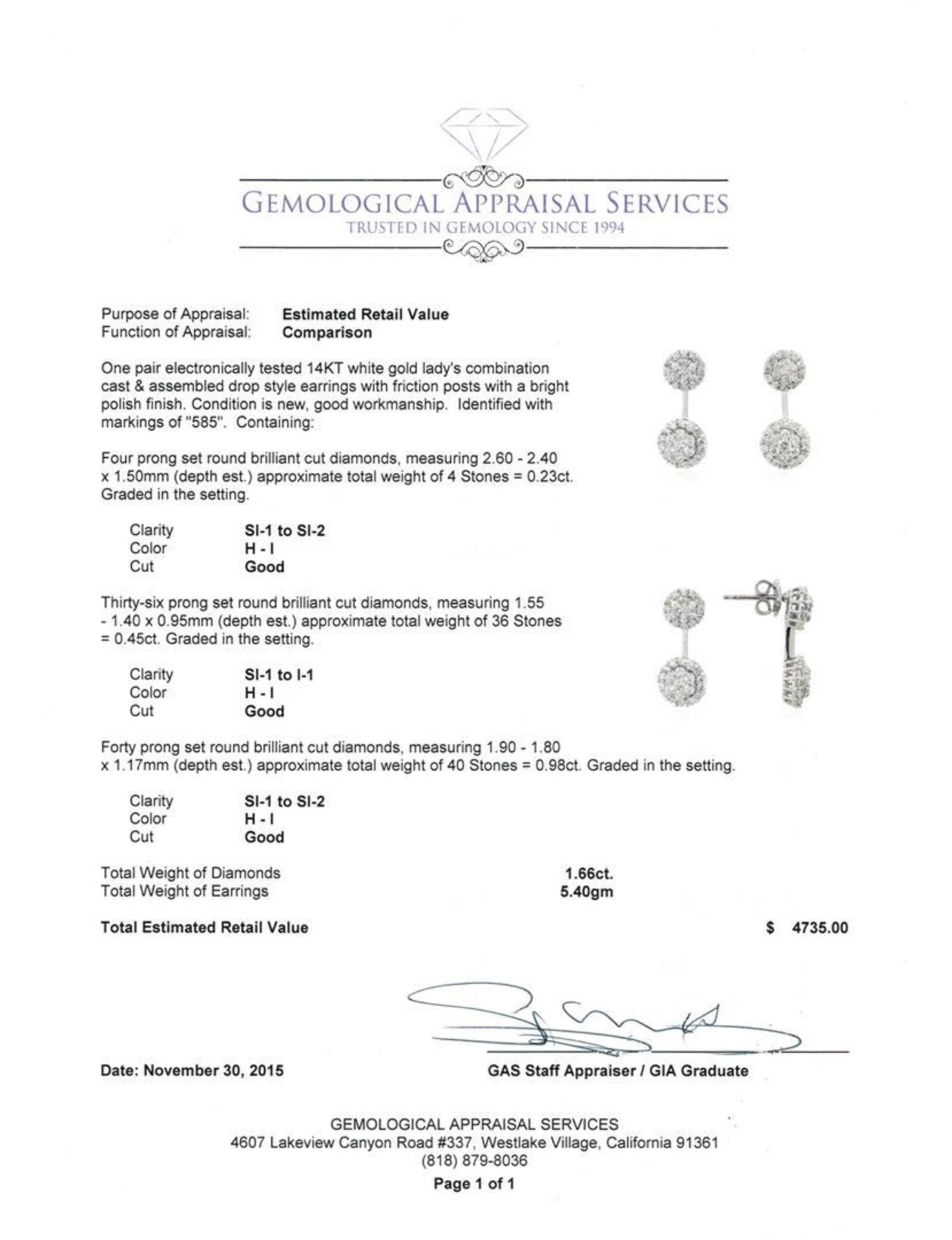 1.66 ctw Diamond Earrings - 14KT White Gold - Image 3 of 3