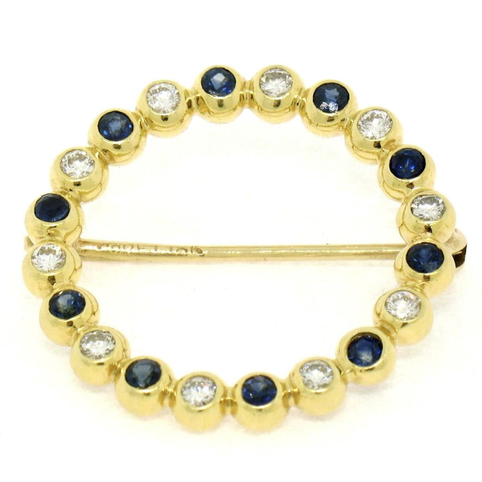 18k Yellow Gold .70ctw Bezel Round Sapphire & Diamond Circle of Life Pin Brooch - Image 5 of 9