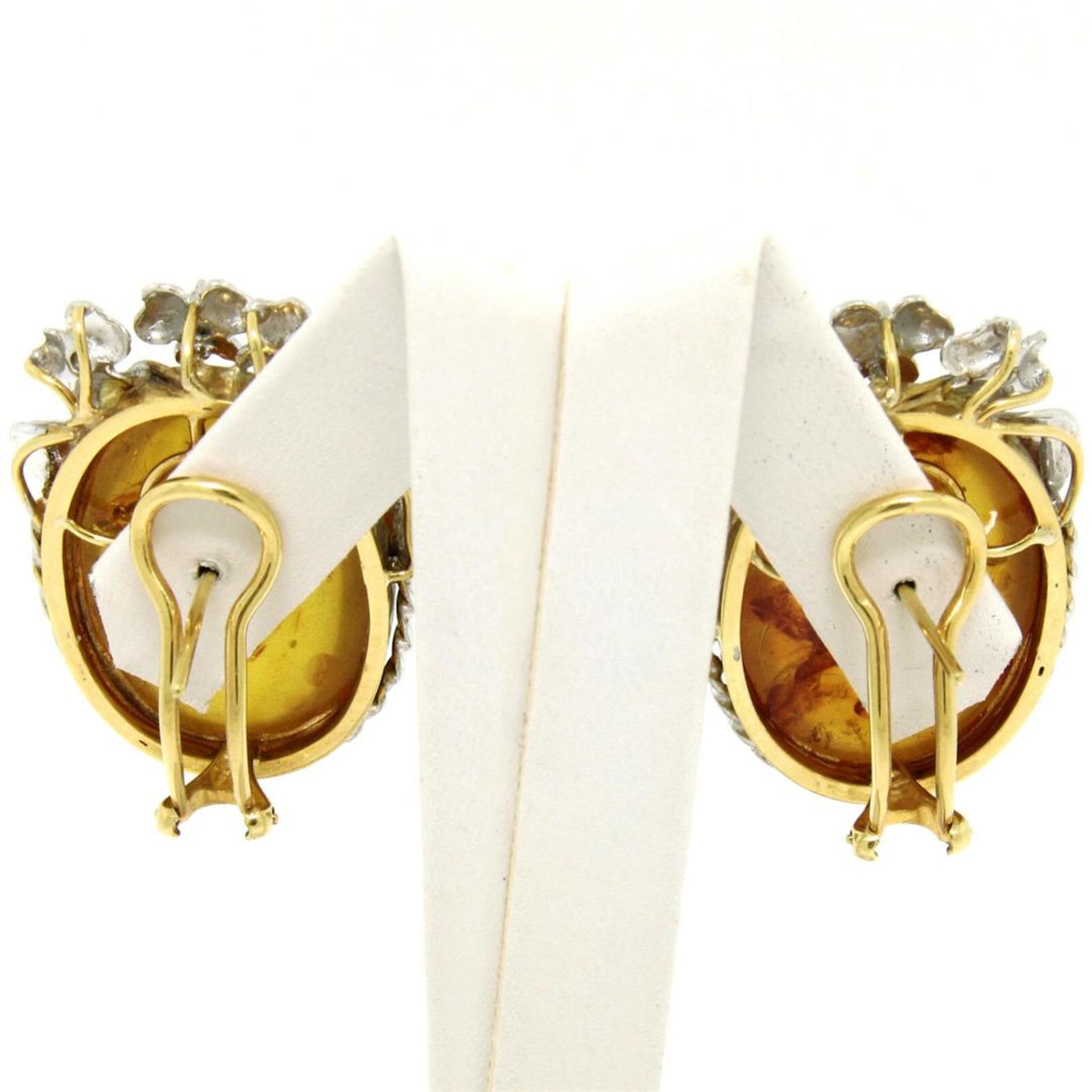 Vintage 18k White Gold Large Oval Amber Diamond Omega Earrings w/ Flower Etching - Image 4 of 6