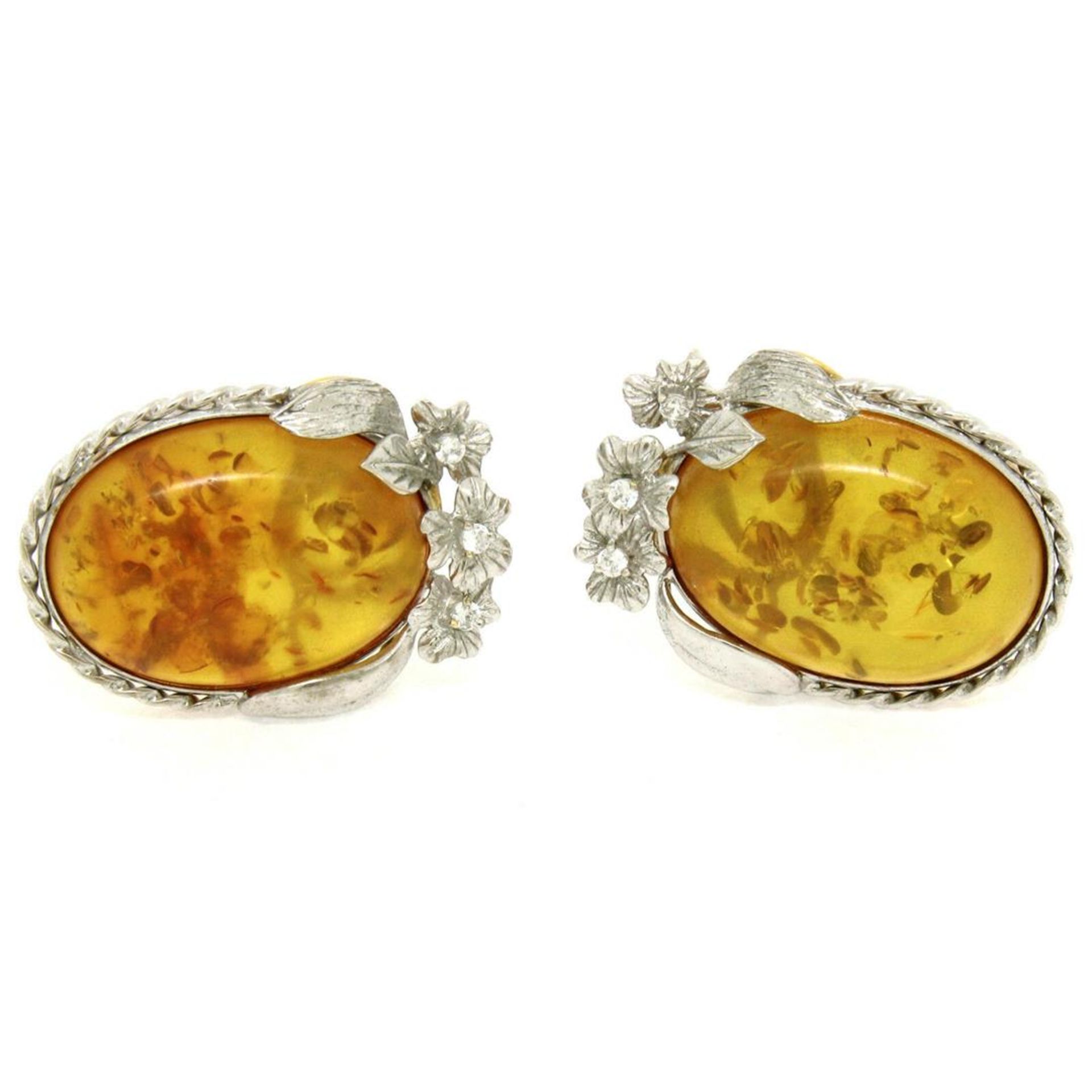 Vintage 18k White Gold Large Oval Amber Diamond Omega Earrings w/ Flower Etching - Image 3 of 6
