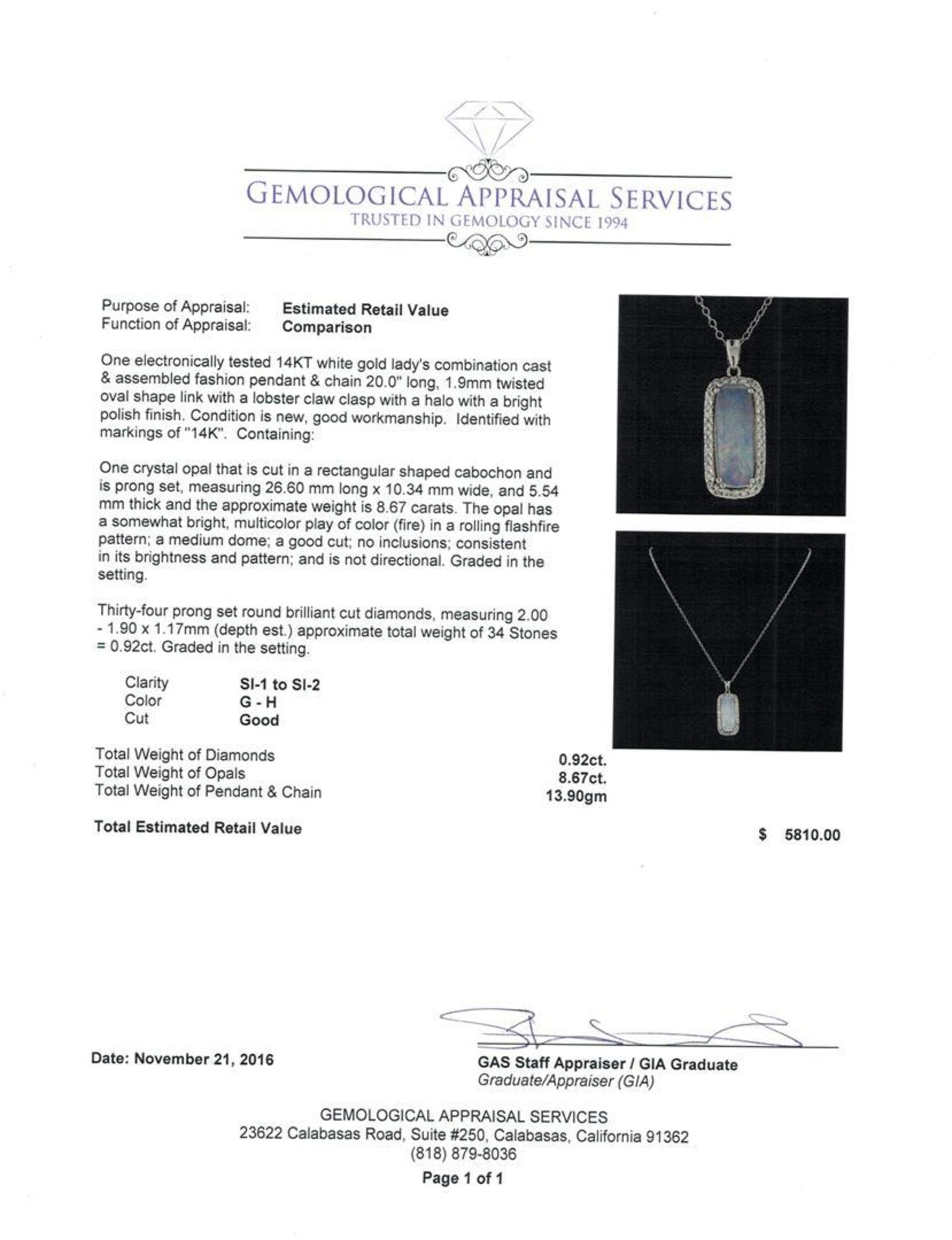 8.67 ctw Opal and Diamond Pendant With Chain - 14KT White Gold - Image 3 of 3