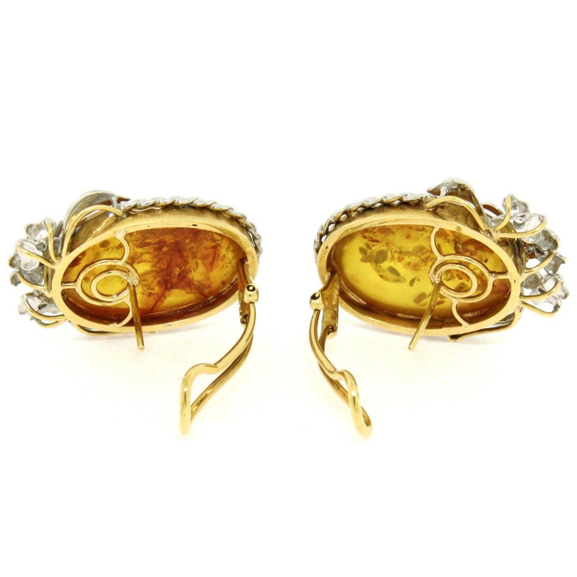 Vintage 18k White Gold Large Oval Amber Diamond Omega Earrings w/ Flower Etching - Image 6 of 6
