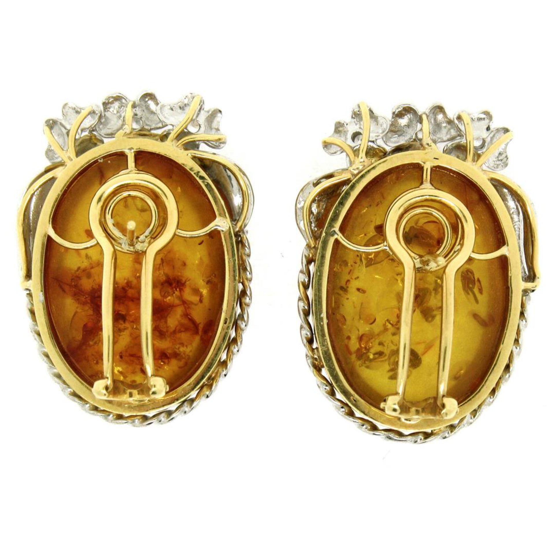 Vintage 18k White Gold Large Oval Amber Diamond Omega Earrings w/ Flower Etching - Image 5 of 6