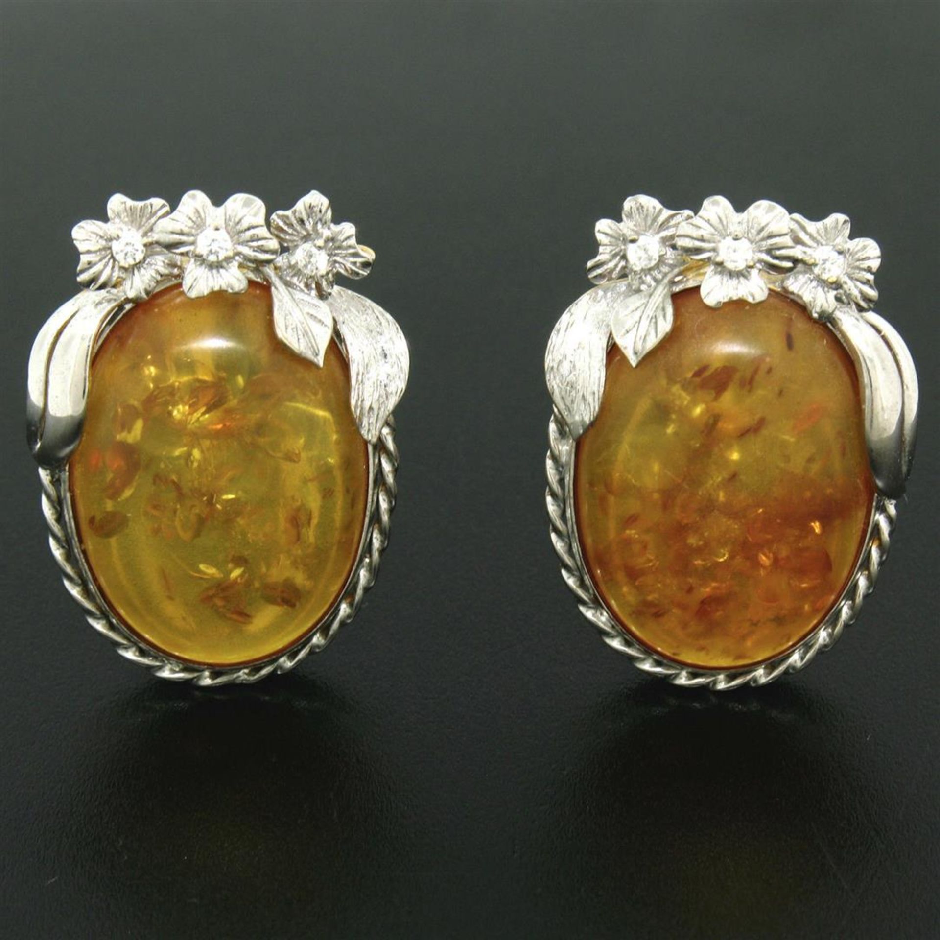 Vintage 18k White Gold Large Oval Amber Diamond Omega Earrings w/ Flower Etching - Image 2 of 6