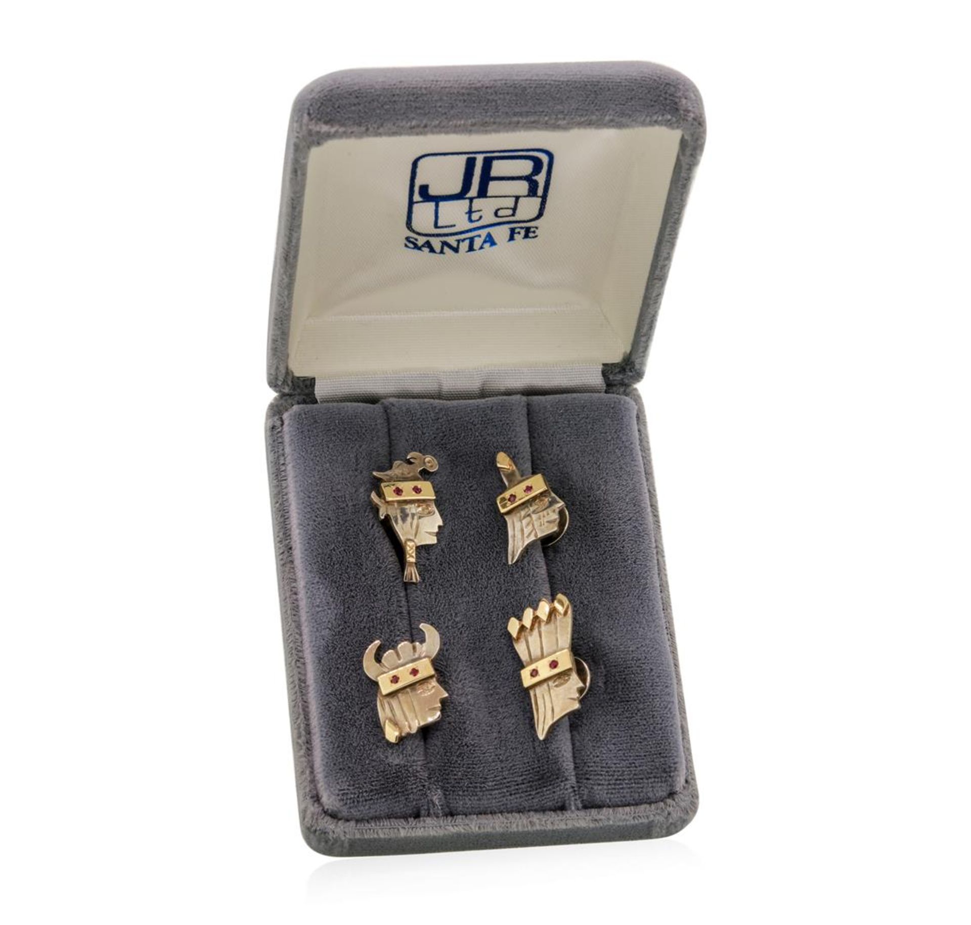 Sterling Silver and 14KT gold James Reid Indian Face Shirt Studs with Rubys