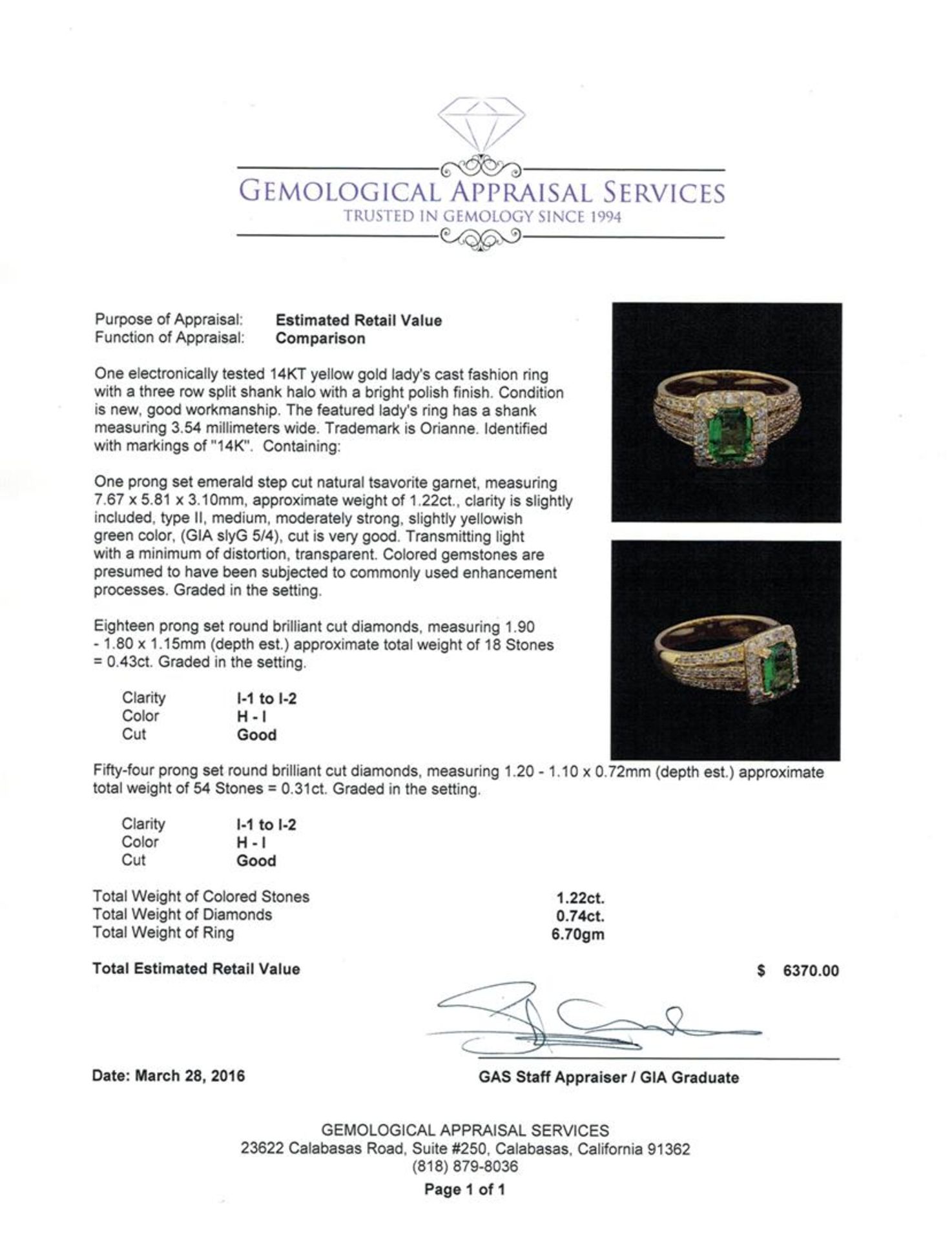 1.22 ctw Tsavorite and Diamond Ring - 14KT Yellow Gold - Image 5 of 5