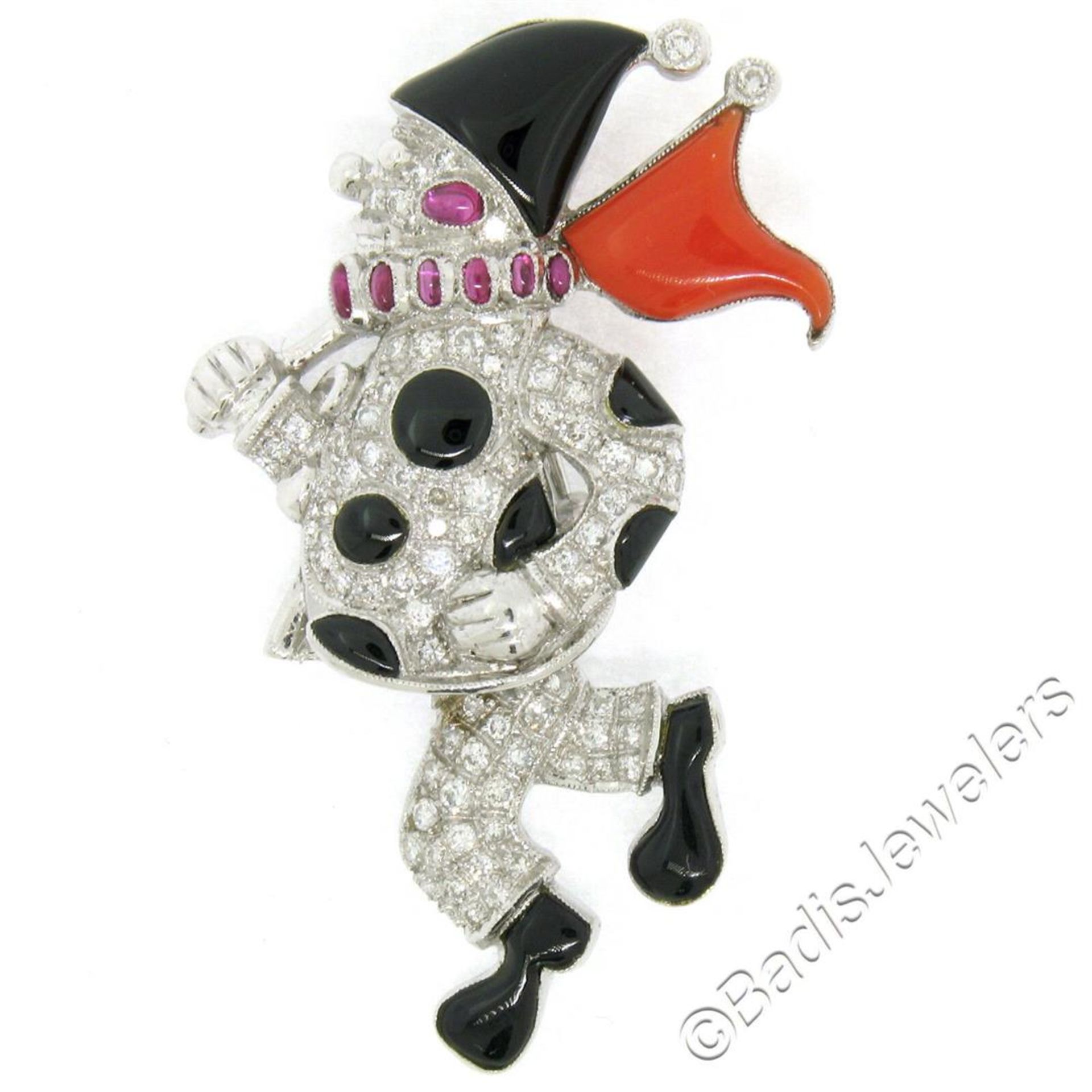 Vintage 18kt White Gold Diamond Black Onyx and Coral Clown Brooch Pin - Image 2 of 7