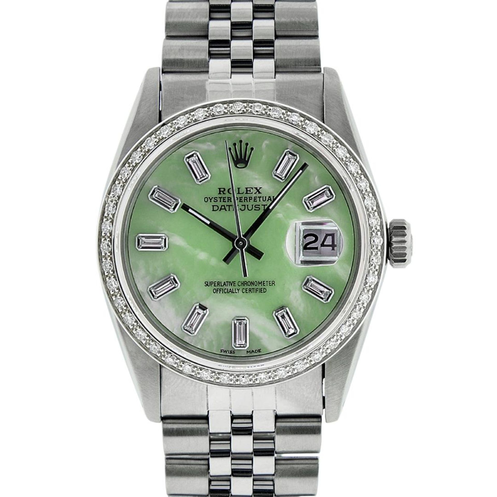 Rolex Mens Stainless Steel Green MOP Baguette Diamond & Emerald 36MM Datejust Wr - Image 2 of 9