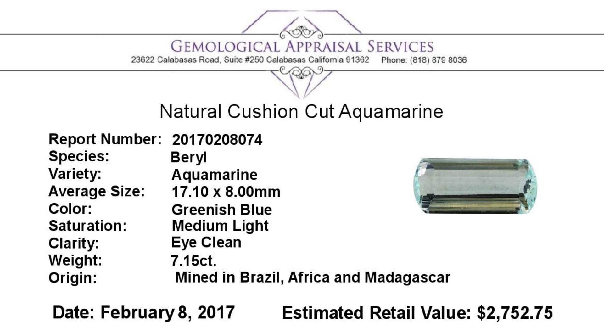 7.15ct.Natural Cushion Cut Aquamarine - Image 2 of 2