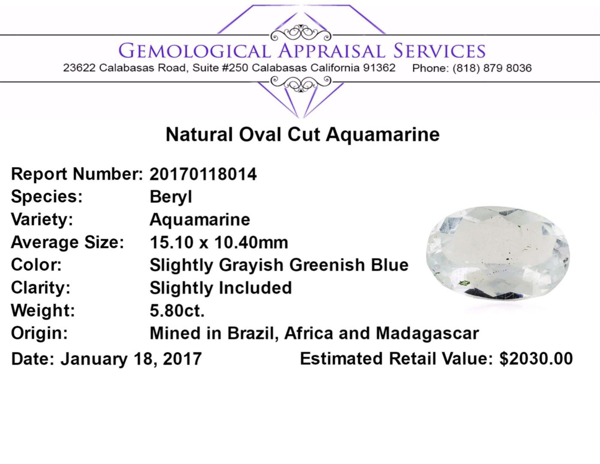 5.80 ct.Natural Oval Cut Aquamarine - Image 2 of 2