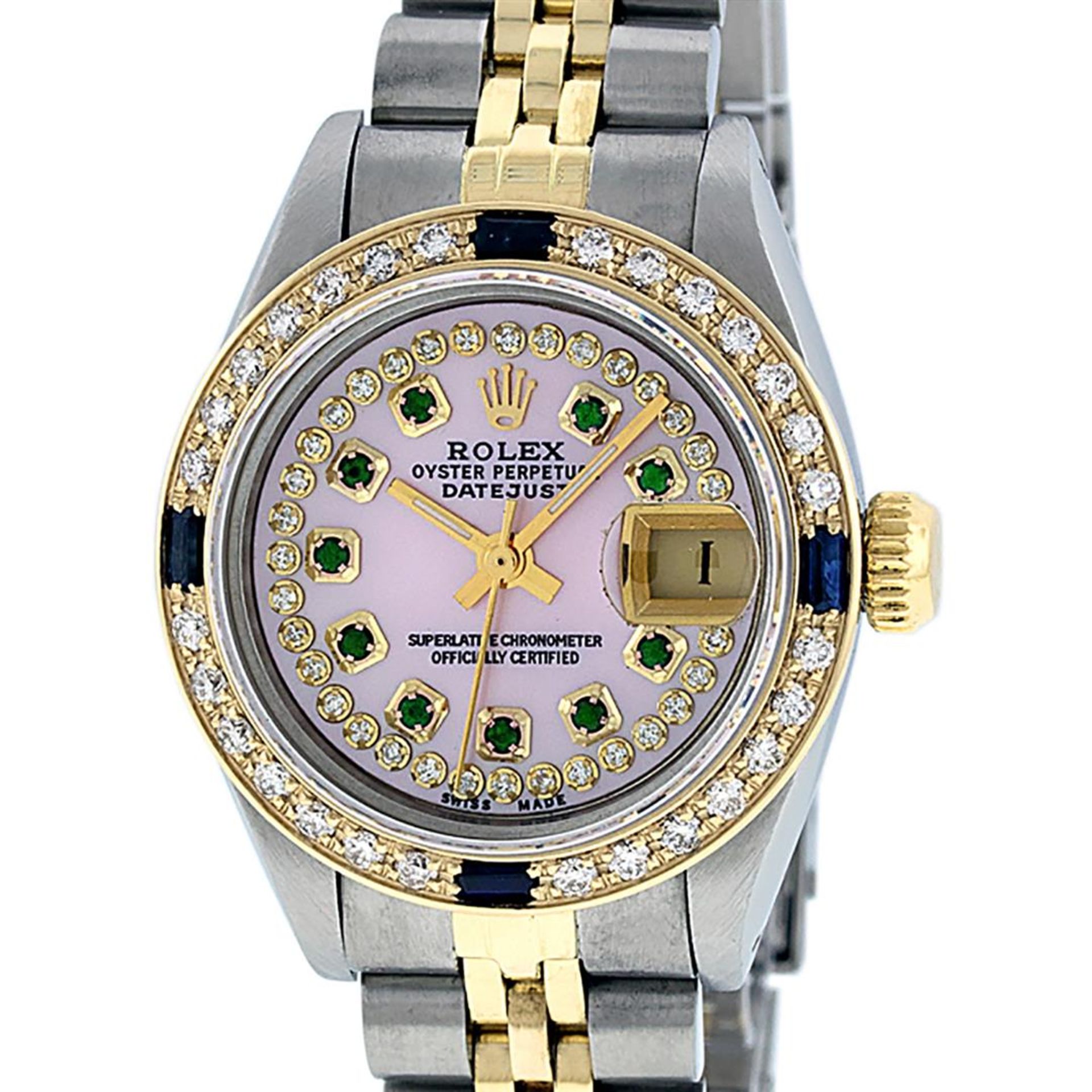 Rolex Ladies 2 Tone Pink MOP Emerald & Sapphire Datejust Wriswatch 26MM