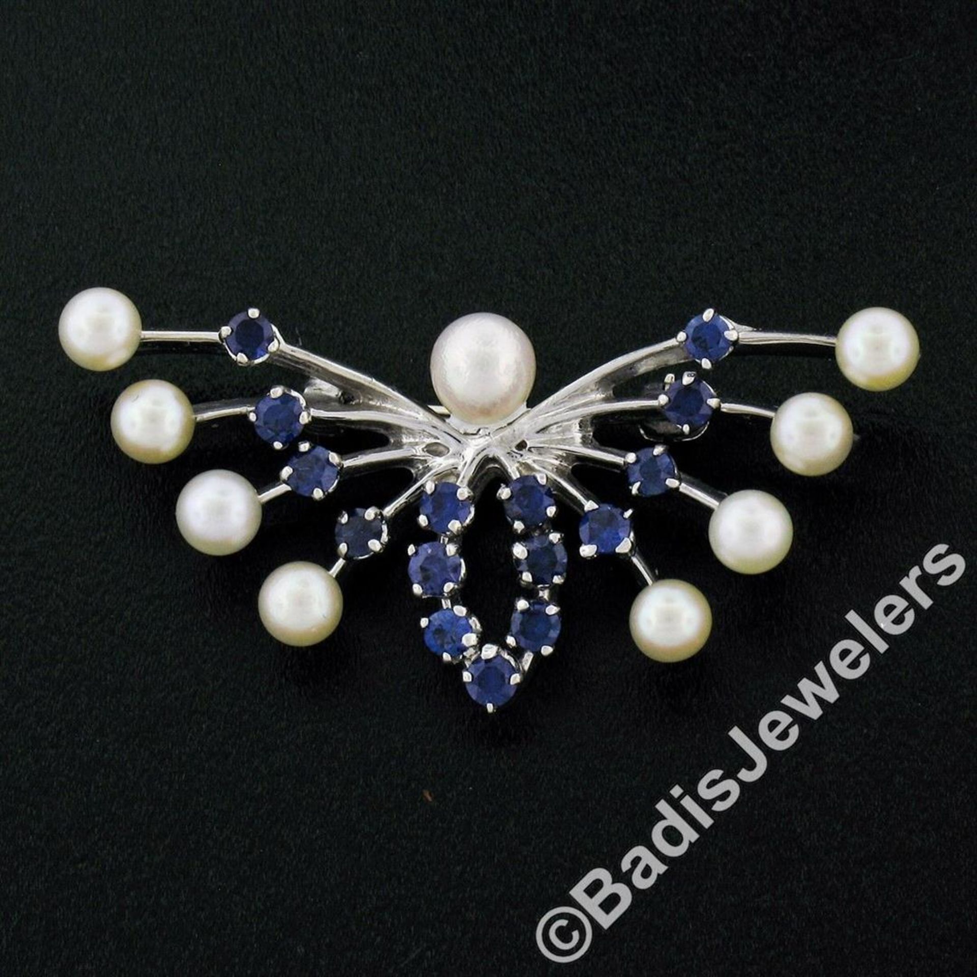 Estate 10kt White Gold 1.00ctw Sapphire & Pearl Open Butterfly Brooch or Pendant - Image 2 of 7