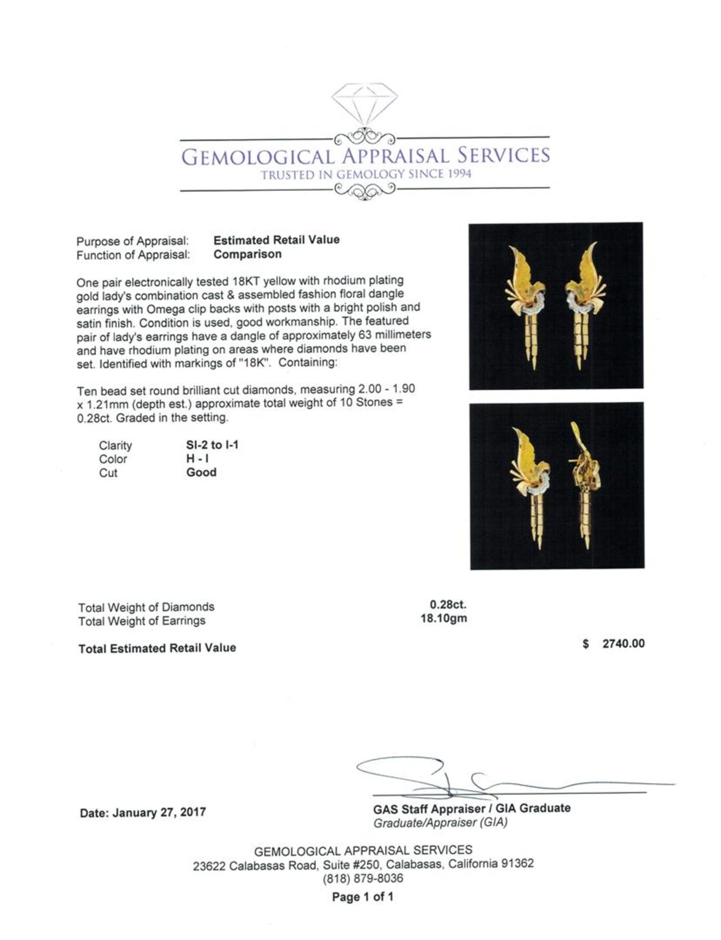 0.28 ctw Diamond Earrings - 18KT Yellow Gold with Rhodium Plating - Image 3 of 3