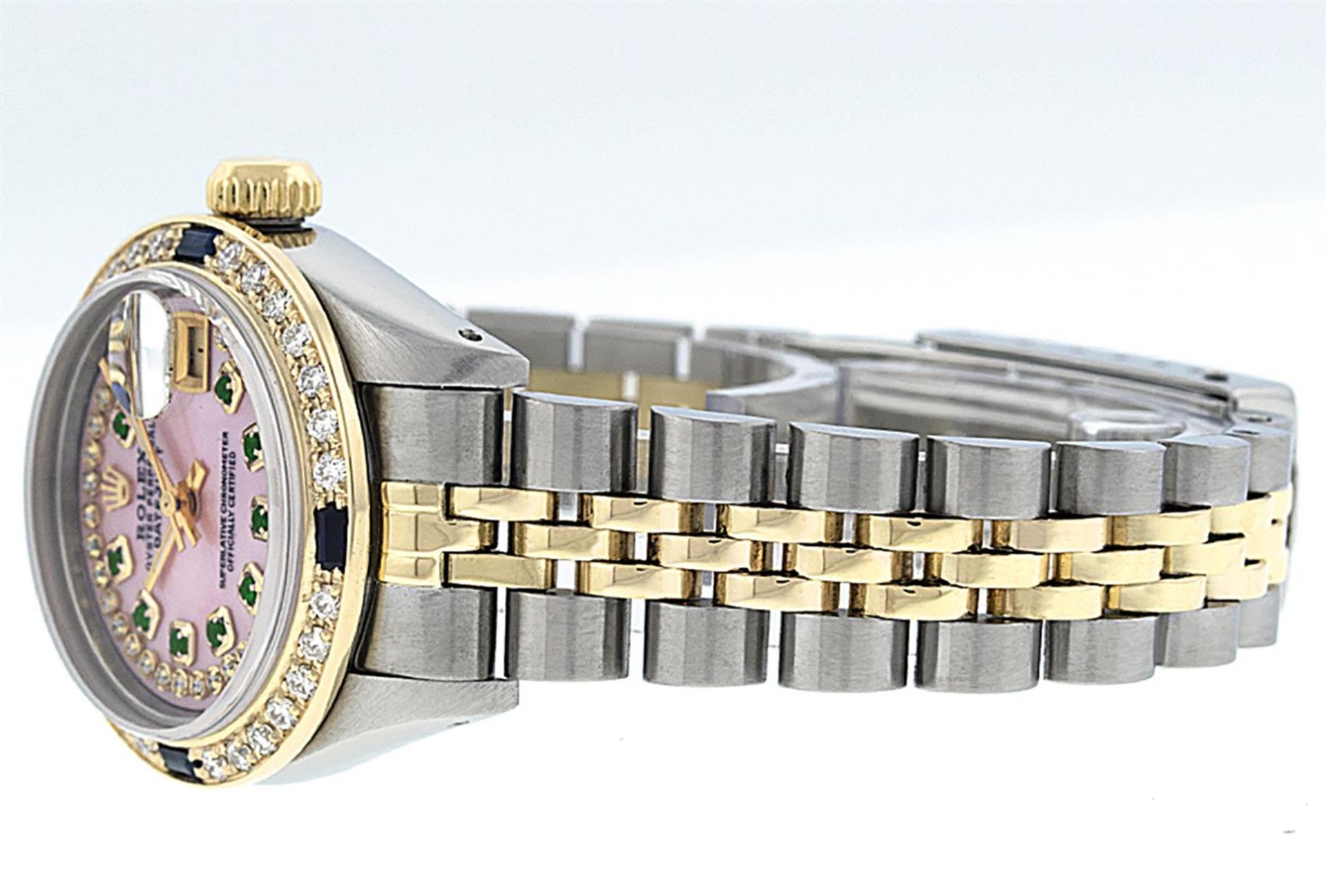 Rolex Ladies 2 Tone Pink MOP Emerald & Sapphire Datejust Wriswatch 26MM - Image 4 of 9