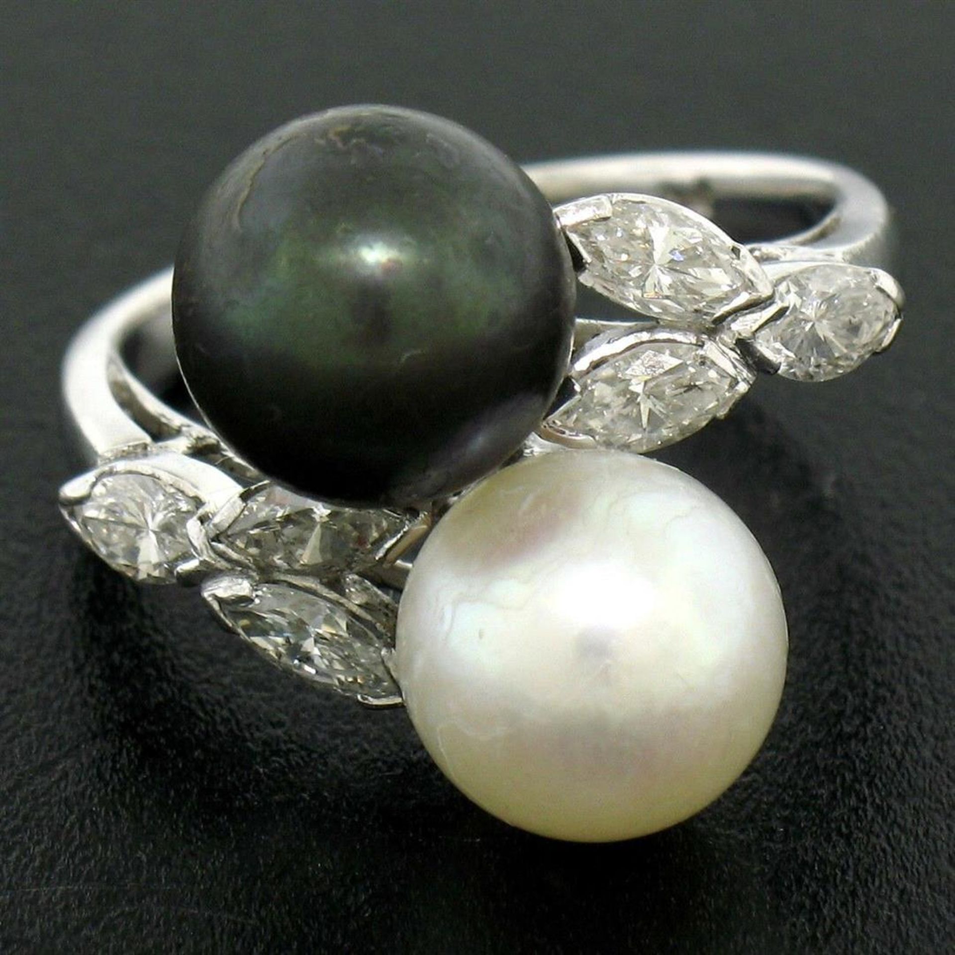Solid Platinum Tahitian Black White Pearl Marquise Diamond Bypass Cocktail Ring - Image 2 of 8