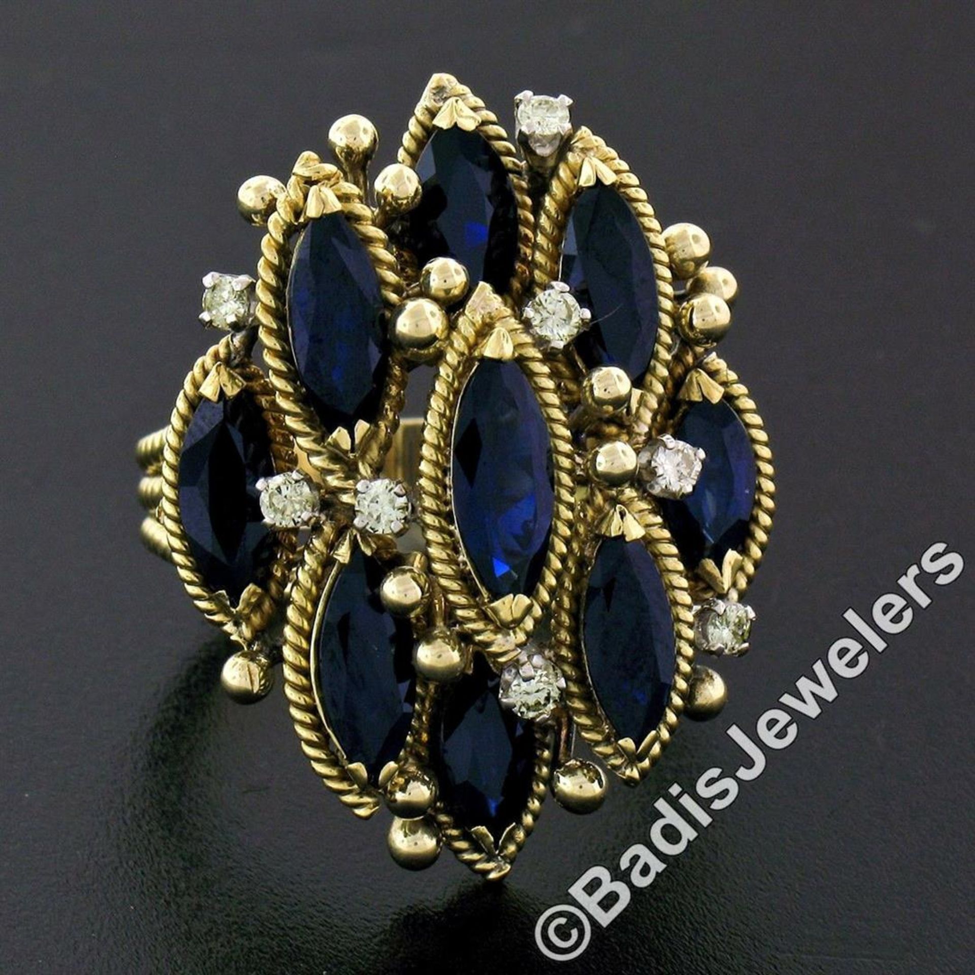 18kt Yellow Gold 7.37ctw Marquise Sapphire & Diamond Tiered Cocktail Ring - Image 2 of 9