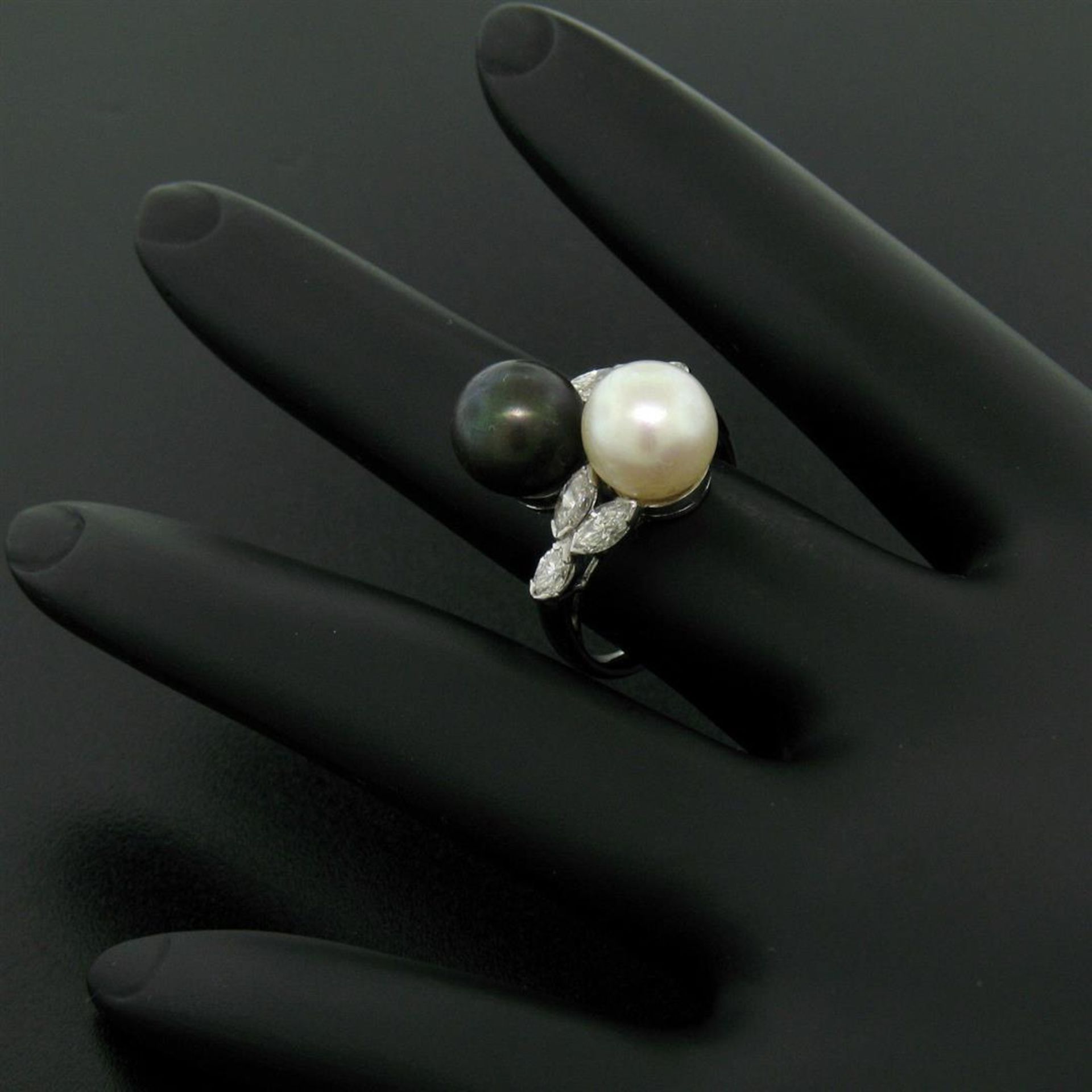 Solid Platinum Tahitian Black White Pearl Marquise Diamond Bypass Cocktail Ring - Image 3 of 8