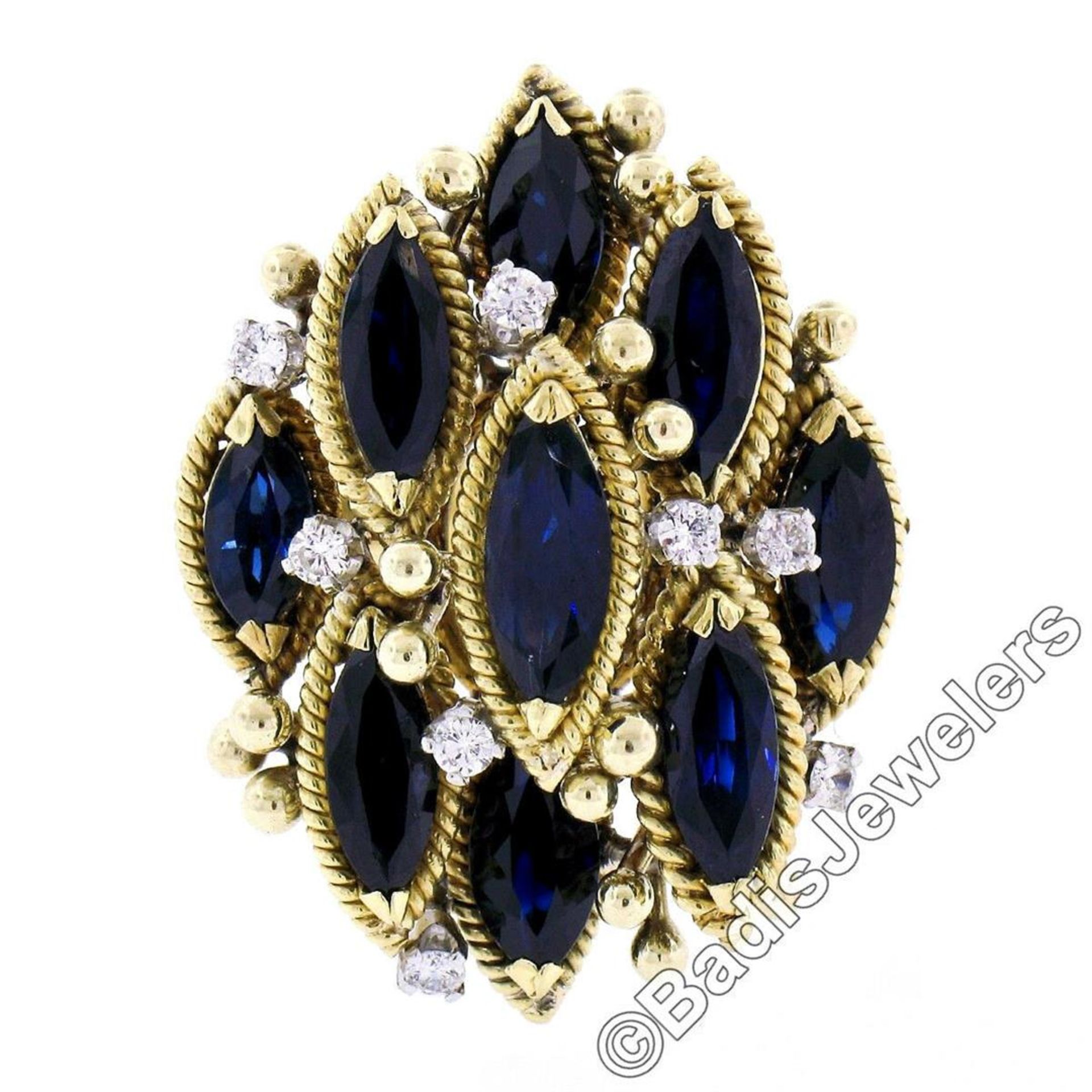 18kt Yellow Gold 7.37ctw Marquise Sapphire & Diamond Tiered Cocktail Ring