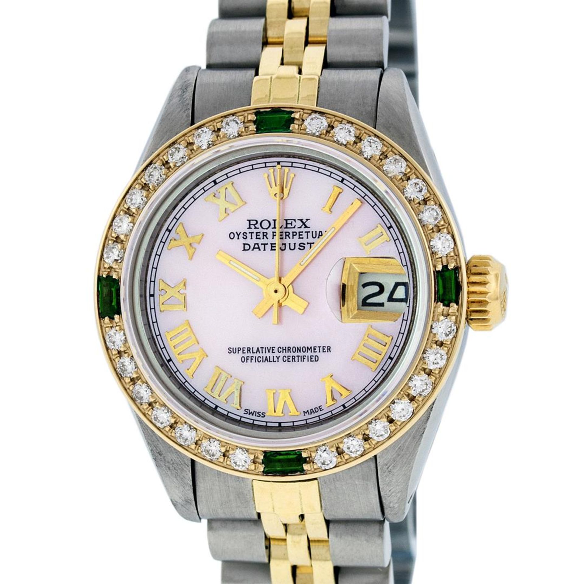 Rolex Ladies 2 Tone Pink Mother Of Pearl Roman & Emerald Datejust Wristwatch