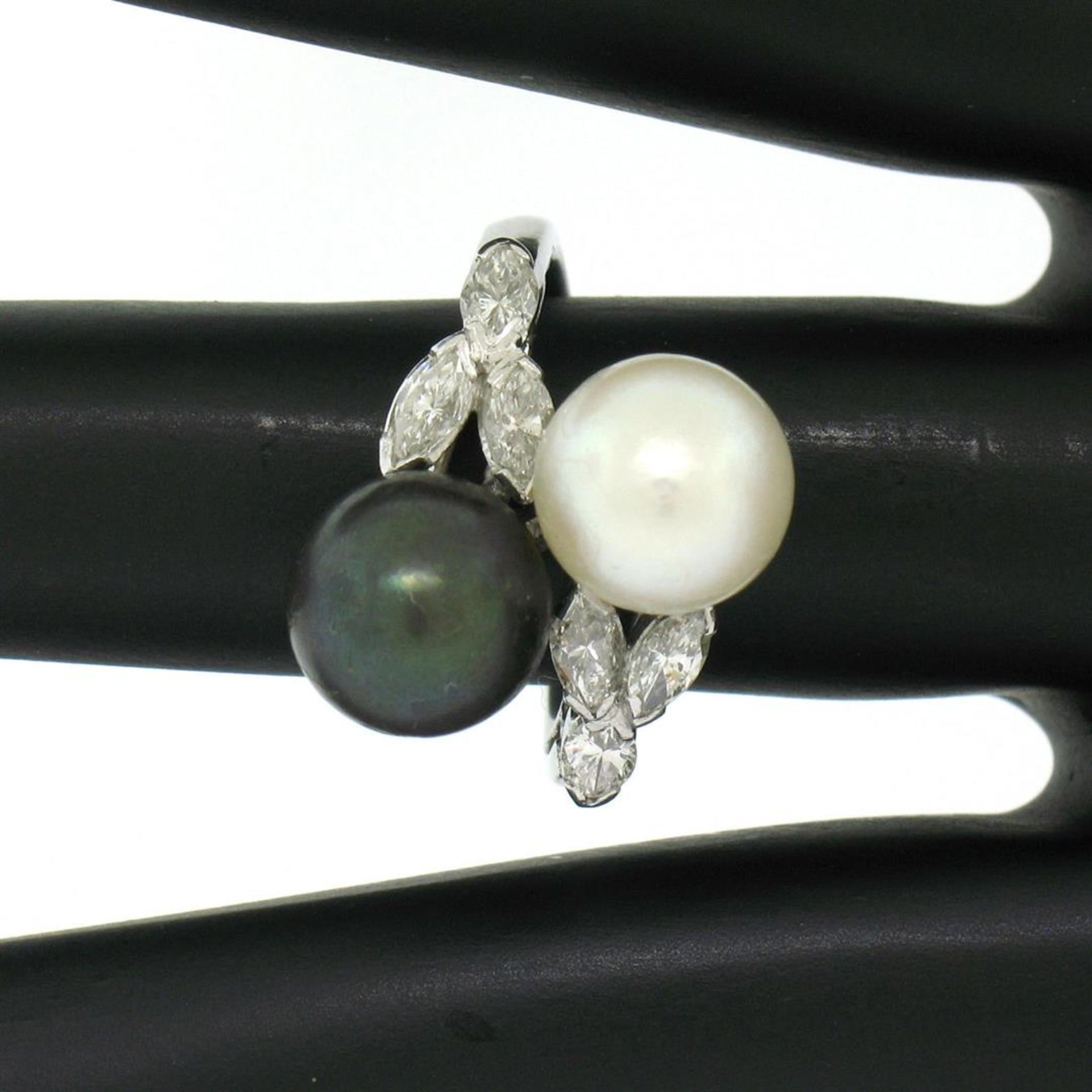 Solid Platinum Tahitian Black White Pearl Marquise Diamond Bypass Cocktail Ring - Image 4 of 8
