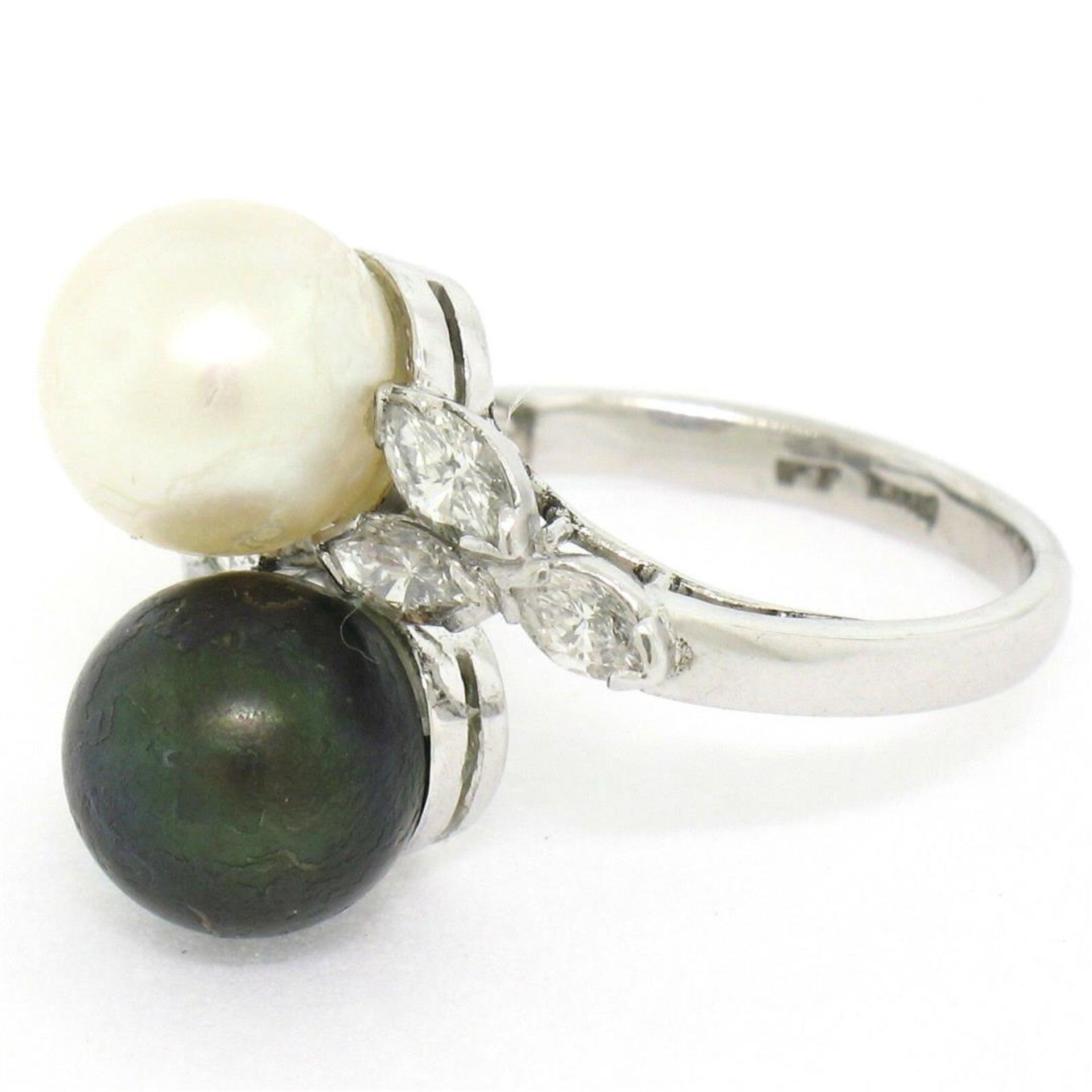 Solid Platinum Tahitian Black White Pearl Marquise Diamond Bypass Cocktail Ring - Image 5 of 8