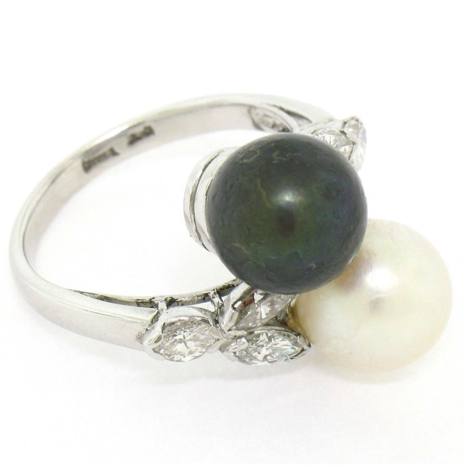 Solid Platinum Tahitian Black White Pearl Marquise Diamond Bypass Cocktail Ring - Image 8 of 8