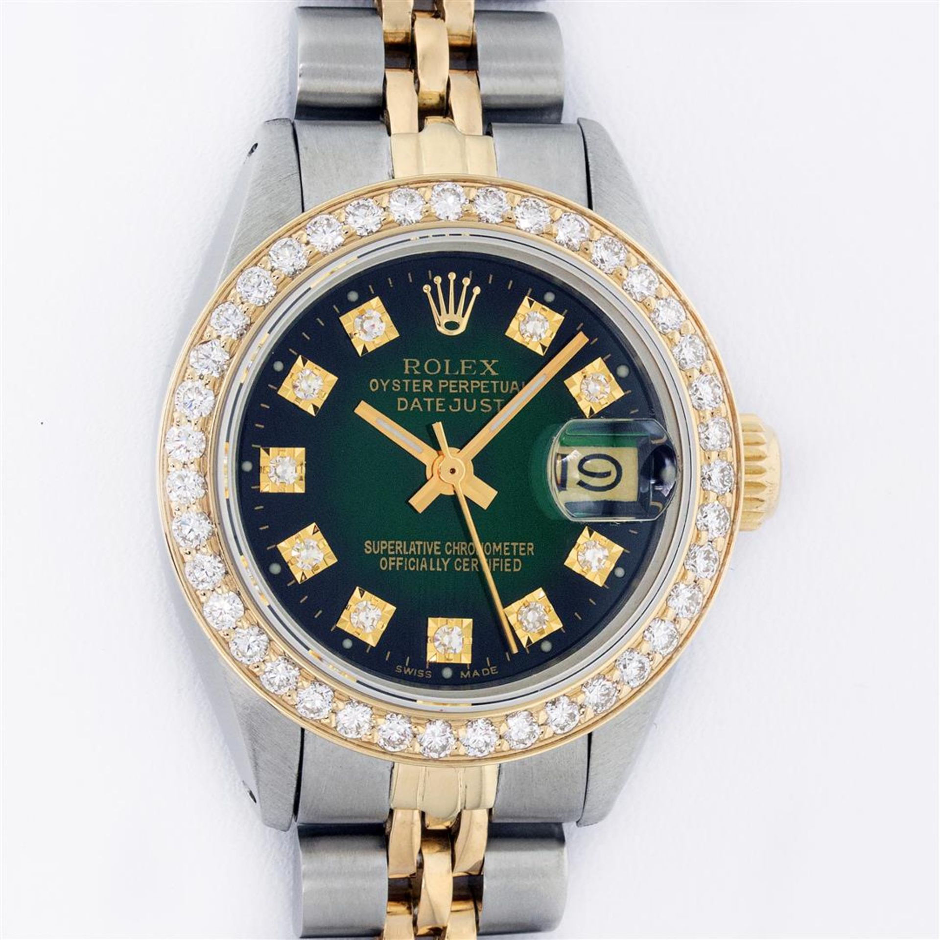 Rolex 2T YG/SS Green Vignette VS 1ctw Diamond Oyster Perpetual Datejust Wristwat