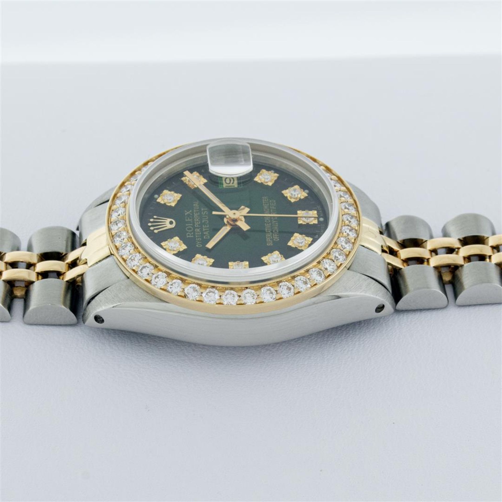 Rolex 2T YG/SS Green Vignette VS 1ctw Diamond Oyster Perpetual Datejust Wristwat - Image 5 of 9