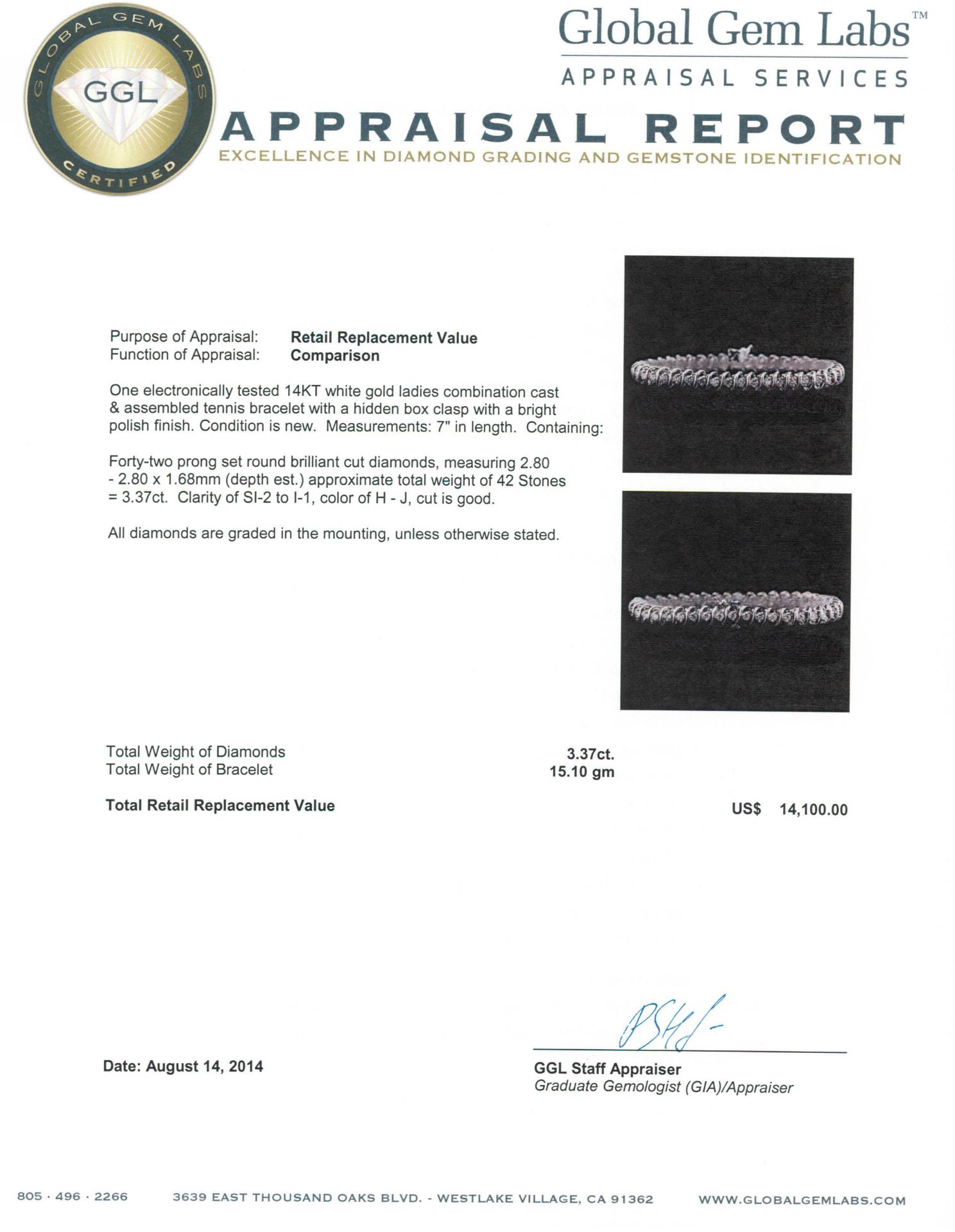 14KT White Gold 3.37 ctw Diamond Tennis Bracelet - Image 3 of 3