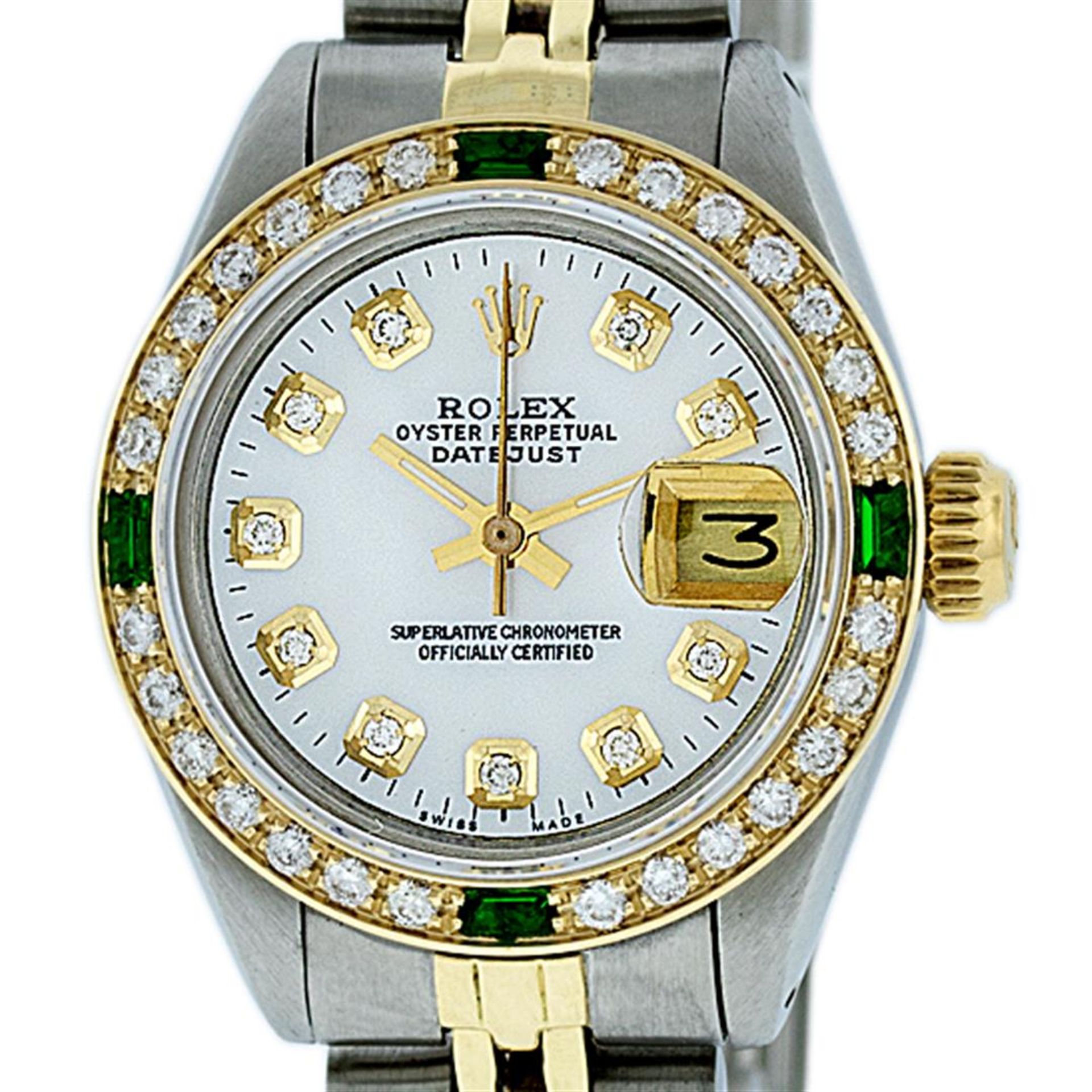 Rolex Ladies 2T White Diamond & Emerald Oyster Perpetual Datejust Wristwatch - Image 2 of 9